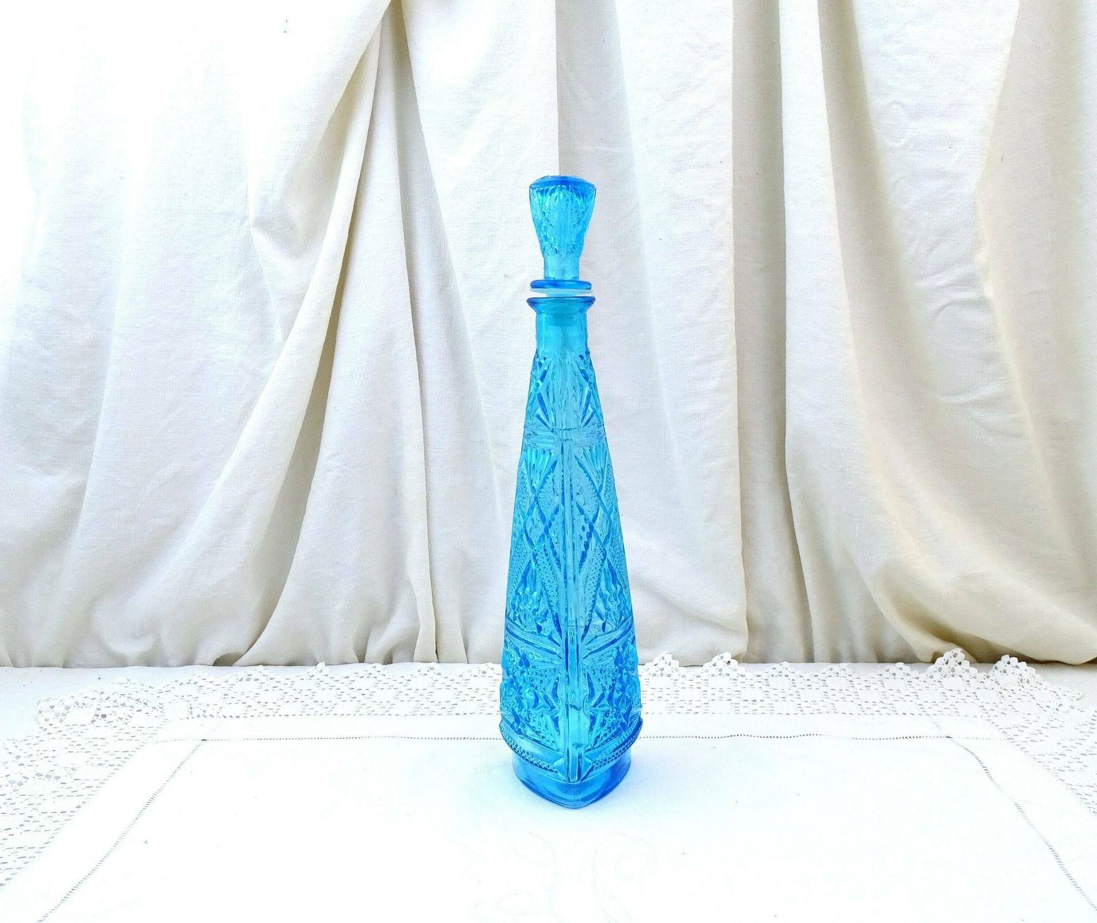 Large Tall Vintage Italian Empoli Genie Style Mid Century 1960s Blue Cut Glass Decanter With Stopper, Retro European Glassware Carafe Bottle