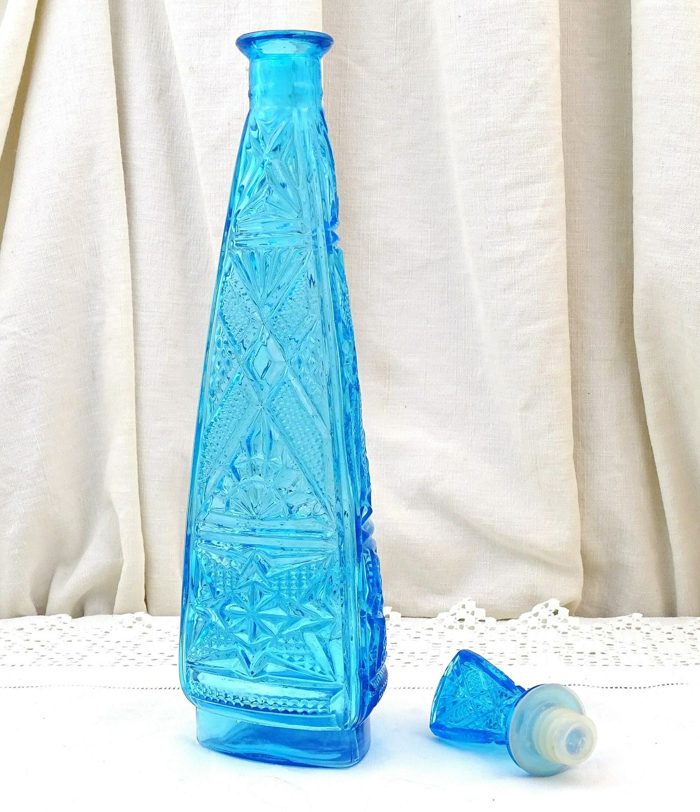 Large Tall Vintage Italian Empoli Genie Style Mid Century 1960s Blue Cut Glass Decanter With Stopper, Retro European Glassware Carafe Bottle photo vinterior