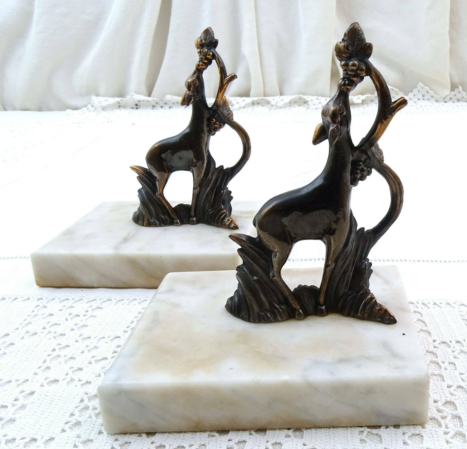 Vintage French Art Deco Bookends With Metal Deer Eating Grapes On White Marble Base, Retro 1930 Office Library Book Accessory From France photo furniture