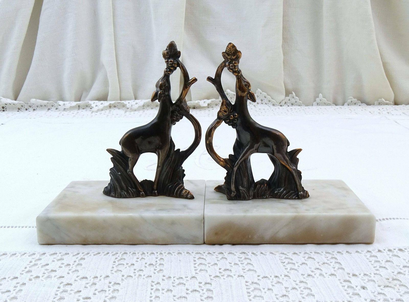 Vintage French Art Deco Bookends With Metal Deer Eating Grapes On White Marble Base, Retro 1930 Office Library Book Accessory From France photo for sale