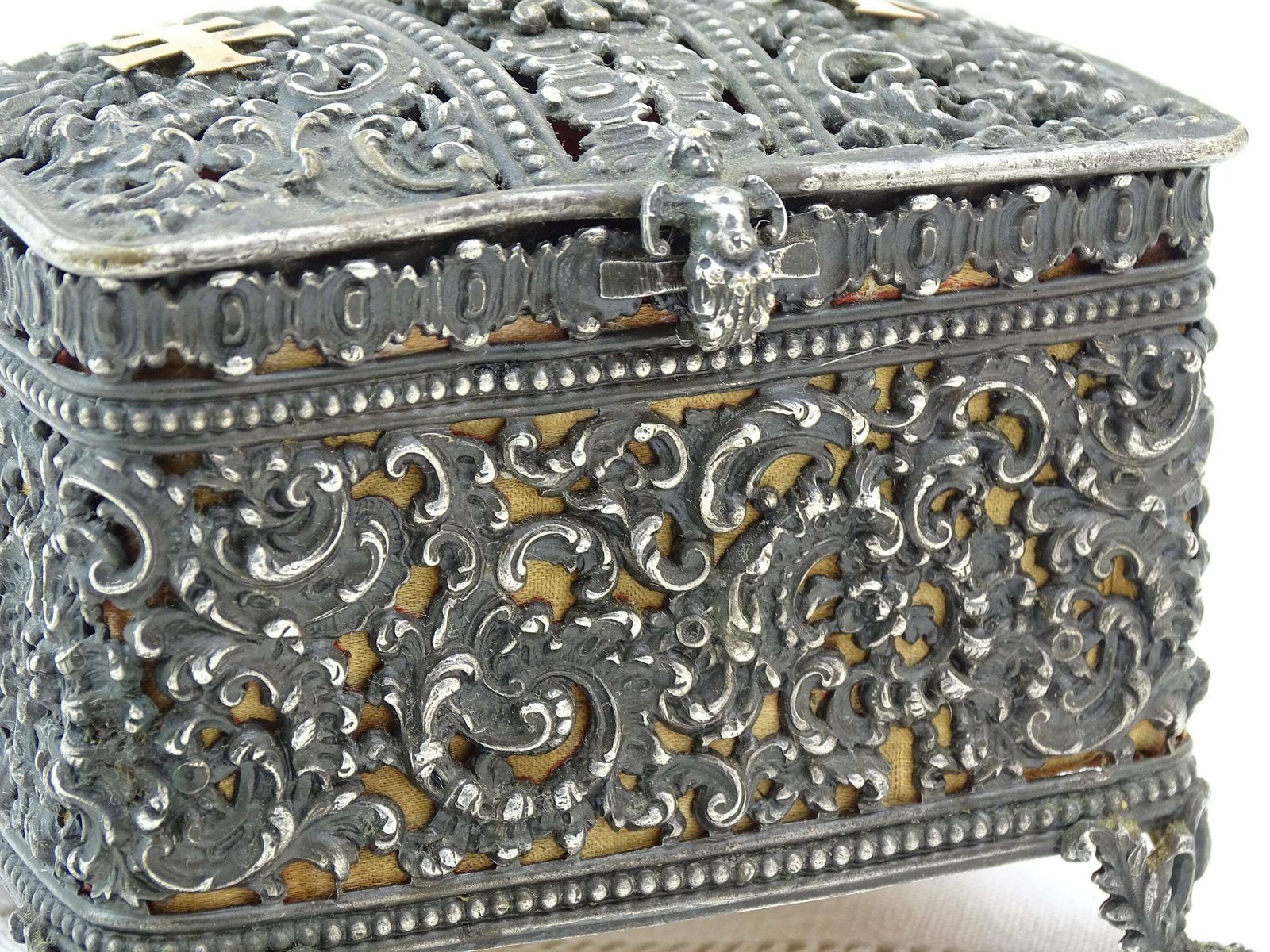 Antique French Silver Plated Lotharingien Jewelry Box With Red Padded Satin Lining And The Loraine Cross In Gold Tone Metal, Rare Curio Box photo Home Decor