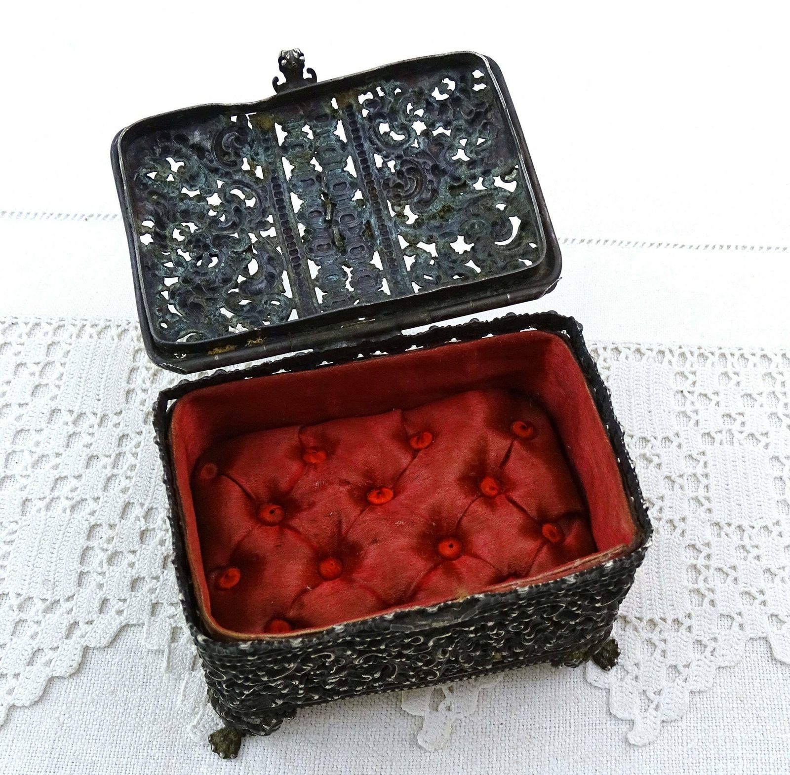 Antique French Silver Plated Lotharingien Jewelry Box With Red Padded Satin Lining And The Loraine Cross In Gold Tone Metal, Rare Curio Box photo vinterior