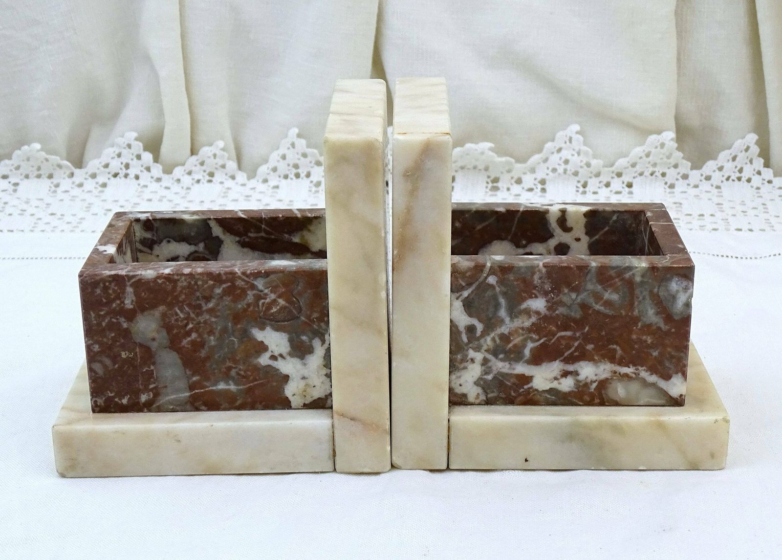 Vintage French Art Deco Veined Marble Bookends With Vide Poche, Retro Stone Book Ends From France, Geometric Library Item In White And Brown photo furniture