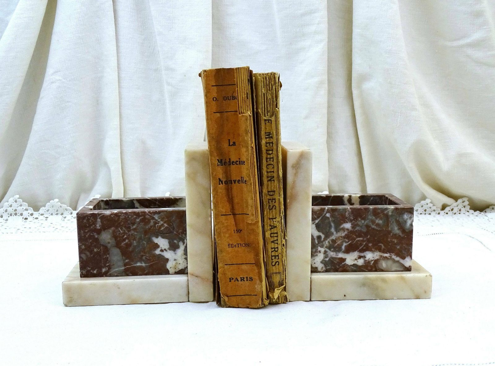 Vintage French Art Deco Veined Marble Bookends With Vide Poche, Retro Stone Book Ends From France, Geometric Library Item In White And Brown photo Home Decor