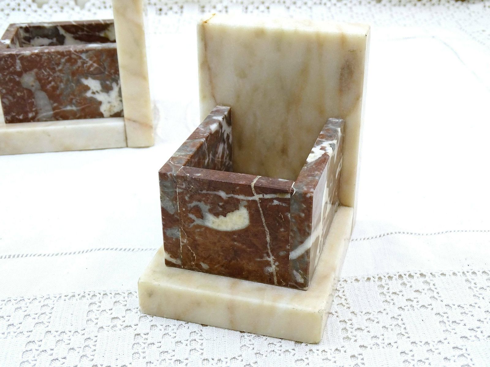 photo furniture Vintage French Art Deco Veined Marble Bookends With Vide Poche, Retro Stone Book Ends From France, Geometric Library Item In White And Brown