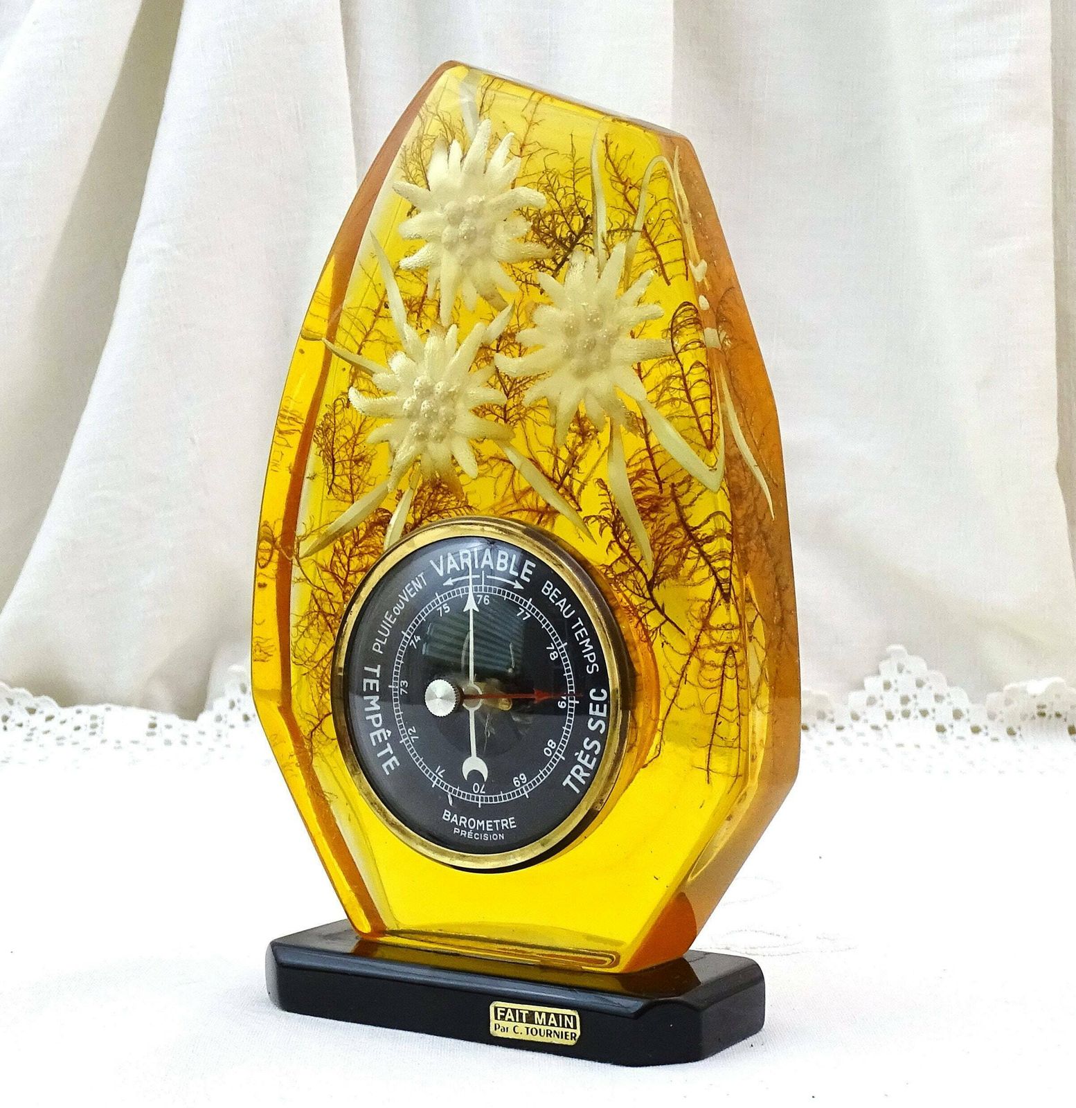 1960s / 1970s Vintage Alpine French Yellow Clear Resin With Edelweiss Flower And Mountain Moss Enclosed Free Standing Barometer Made By Hand photo for sale
