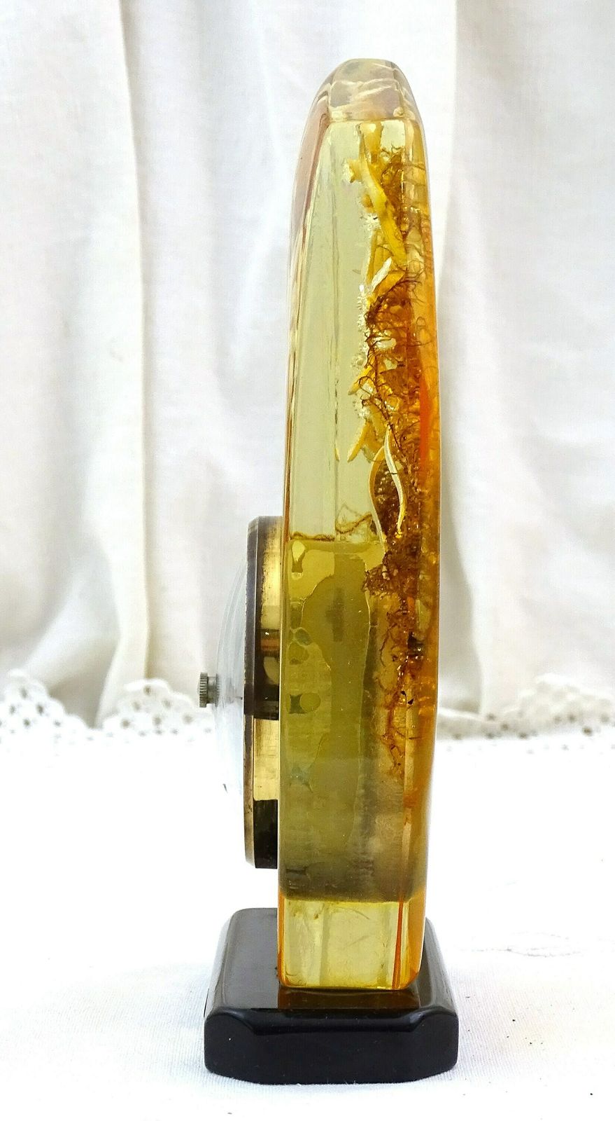 1960s / 1970s Vintage Alpine French Yellow Clear Resin With Edelweiss Flower And Mountain Moss Enclosed Free Standing Barometer Made By Hand photo Home Decor