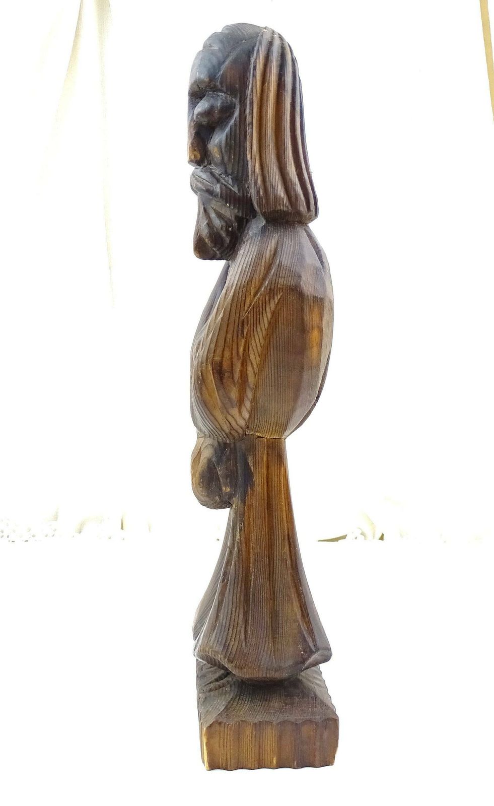 French Vintage 1960s Carved Wooden Sculpture Of Old Wise Man, Retro Sculpture Made Of Wood From France, Medieval Style Druid Art Piece photo for sale