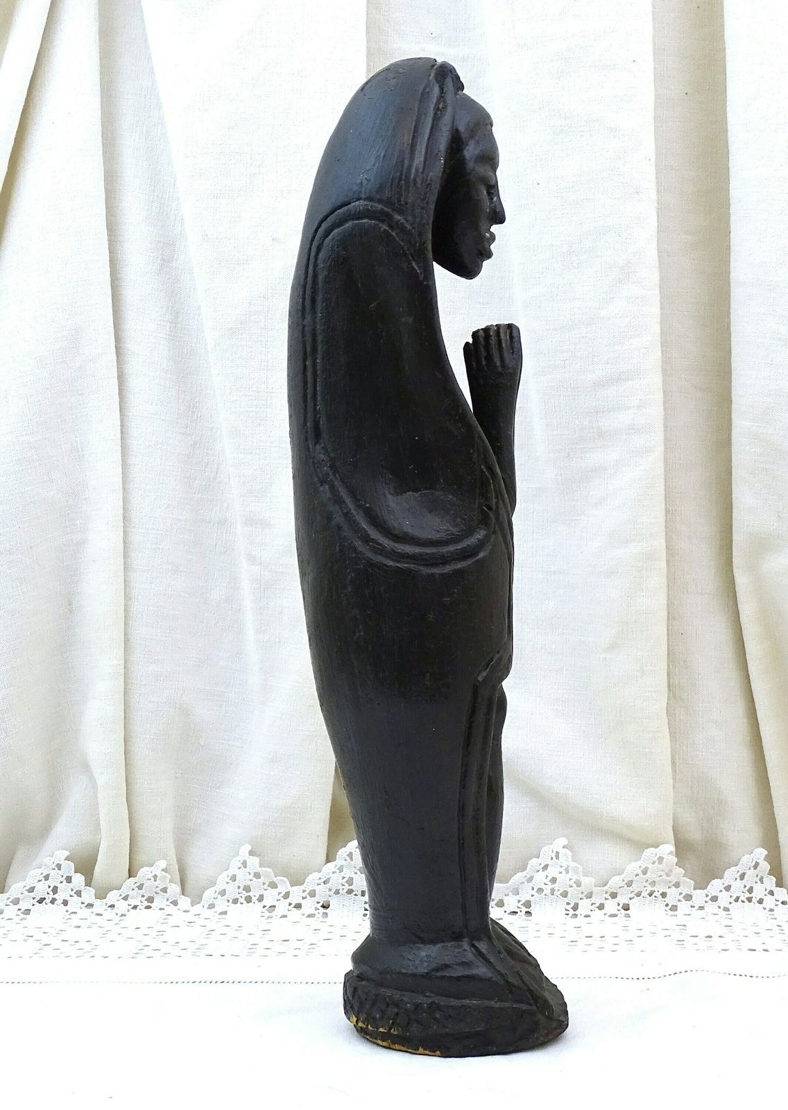Antique African Hand Carved Ebonized Wooden Virgin Mary Statue, Vintage Christian Figurine Of Our Lady Made Of Black Wood From Africa photo for sale