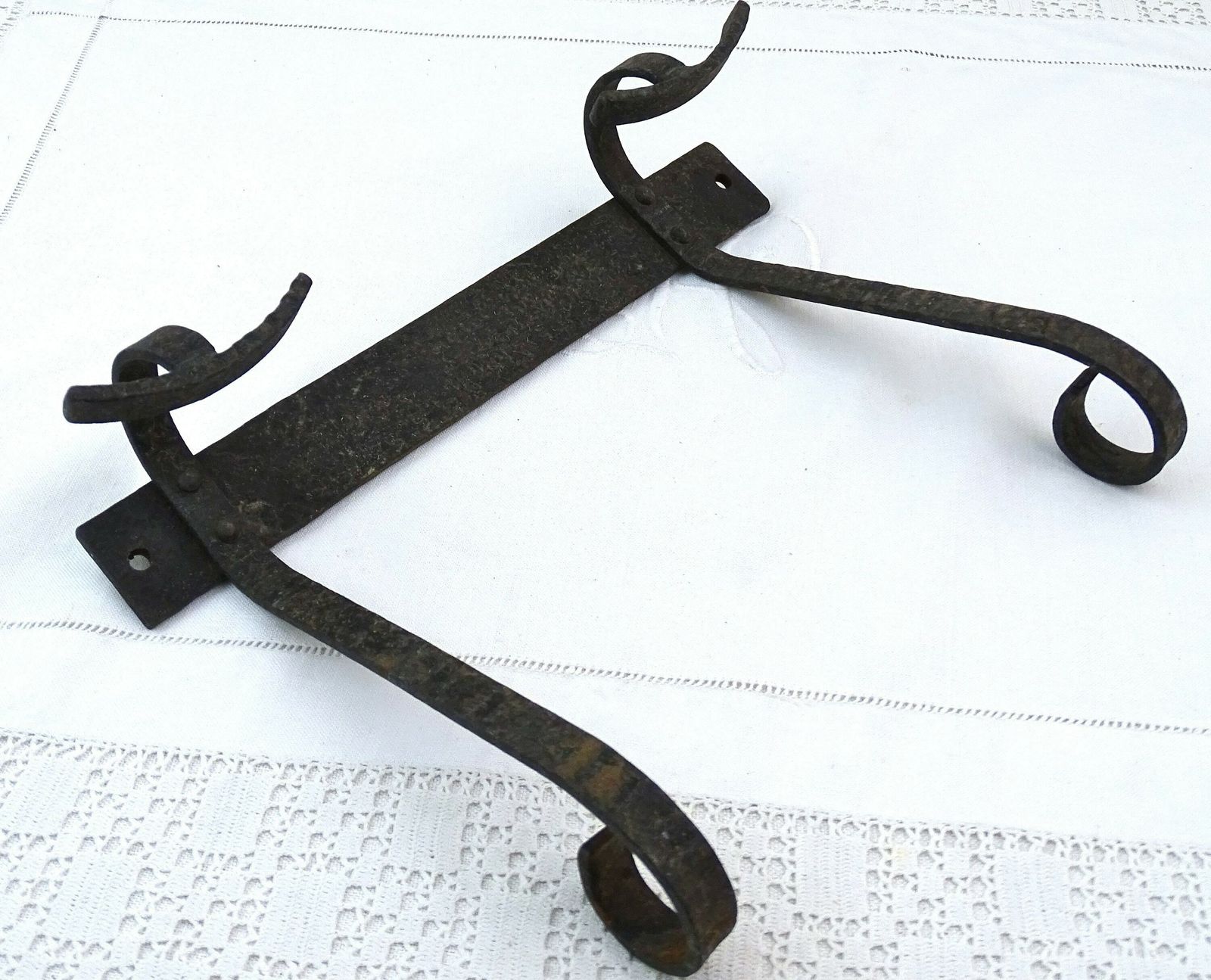 Vintage French Forged Metal Wall Mounted Coat Rack With 2 Hooks With Textured Surface, Retro Clothes Storage From France, Blacksmith Item photo Furniture
