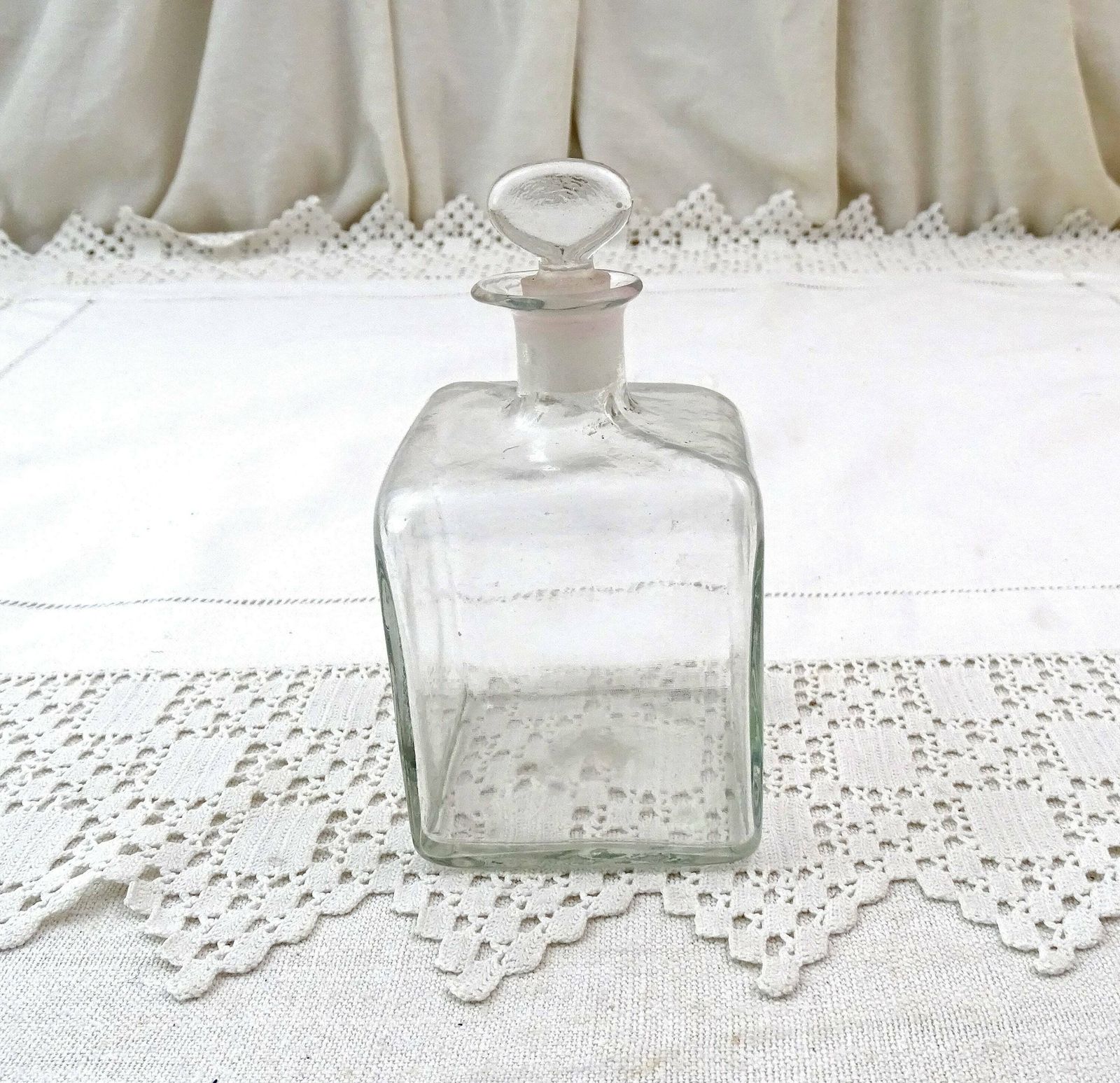 Antique French Mold Blown Clear Glass Square Shaped Bottle With Original Stopper, Rare Curio Victorian Glassware From France, Brocante Style