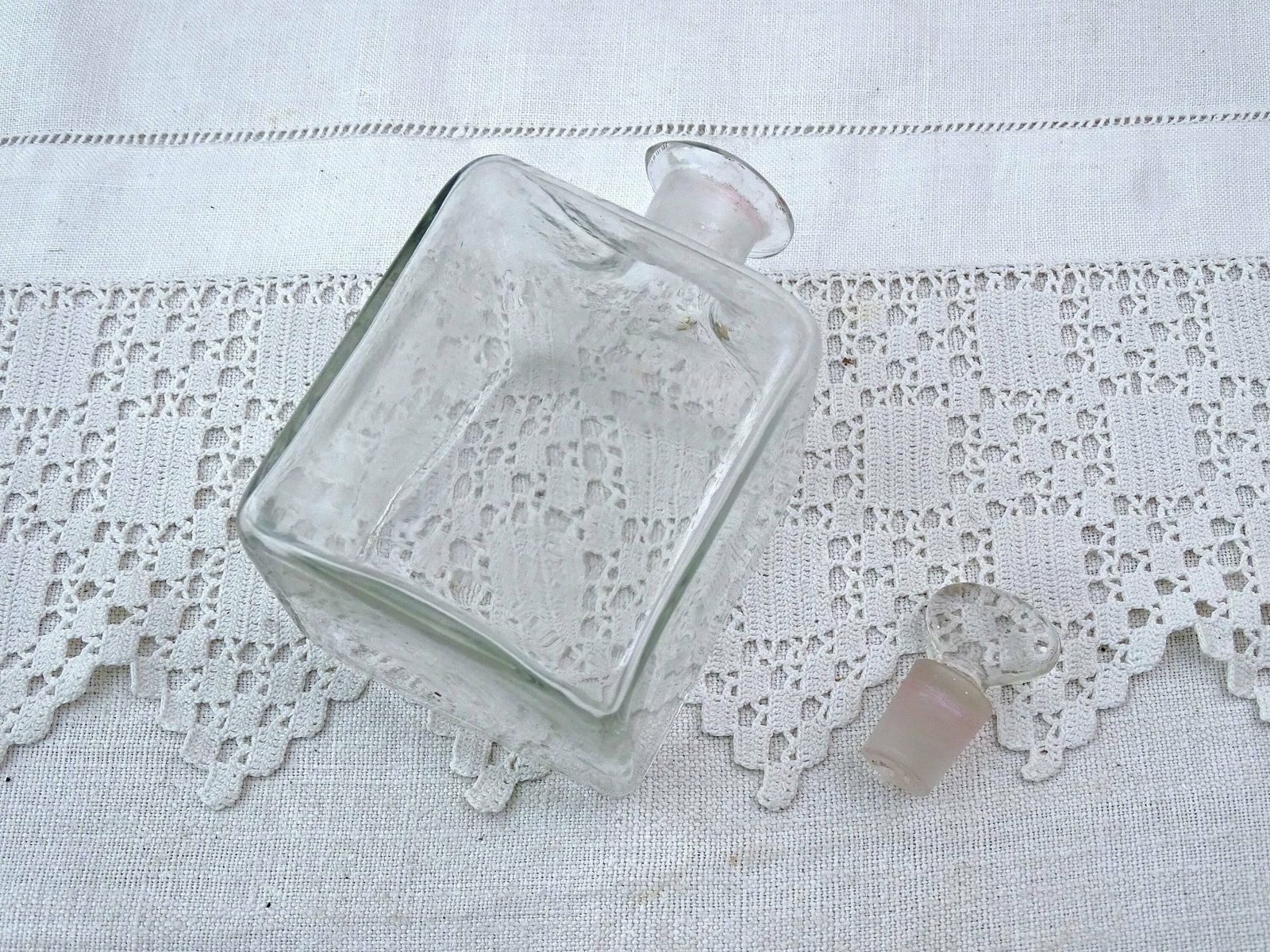 Antique French Mold Blown Clear Glass Square Shaped Bottle With Original Stopper, Rare Curio Victorian Glassware From France, Brocante Style photo buy
