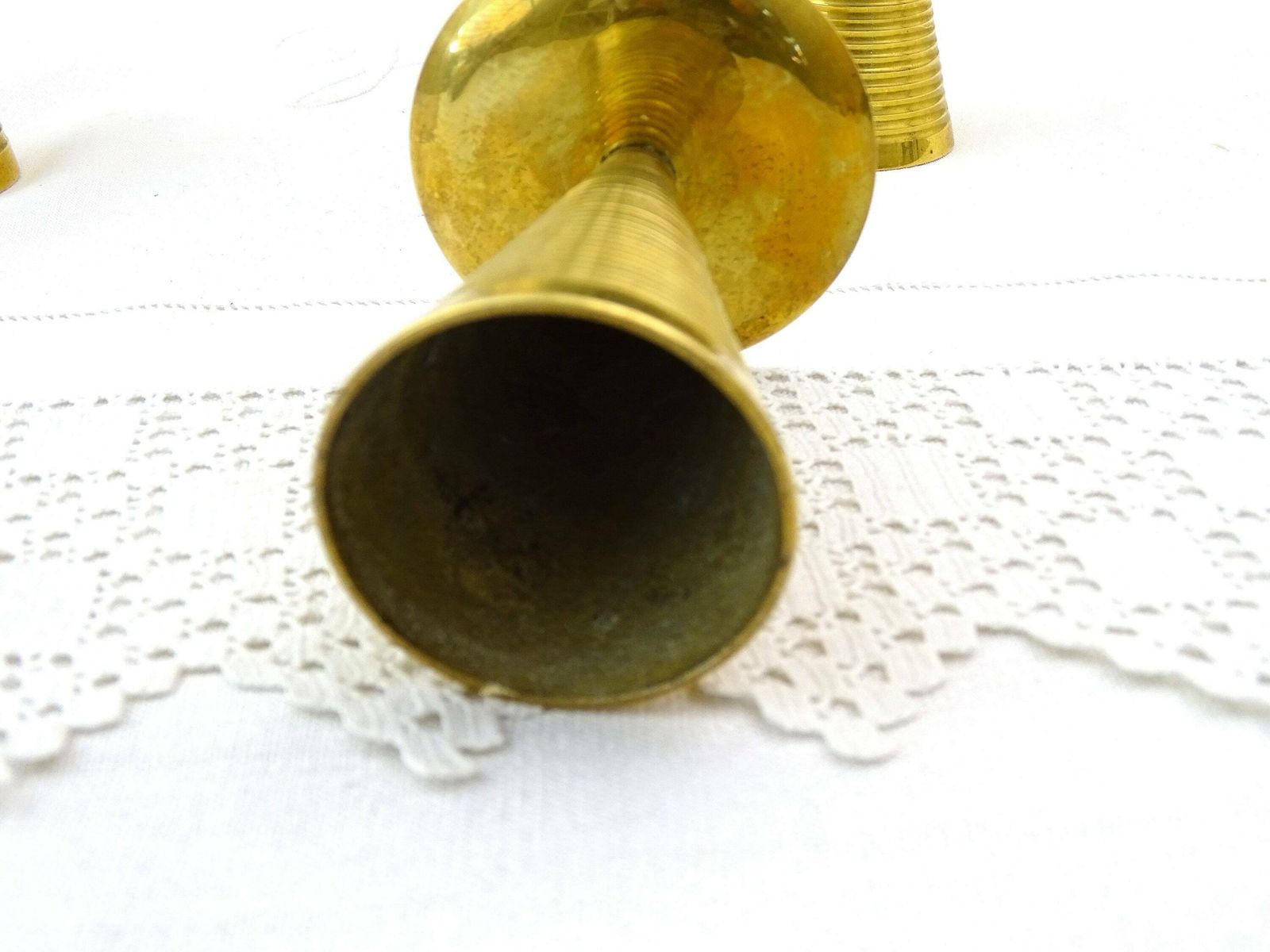 Set Of 3 Vintage Brass Mid Century Modern Conical Candle Sticks, Retro Scandinavian Style Metal Cone Shaped Candle Holders, 1960s Lighting photo buy