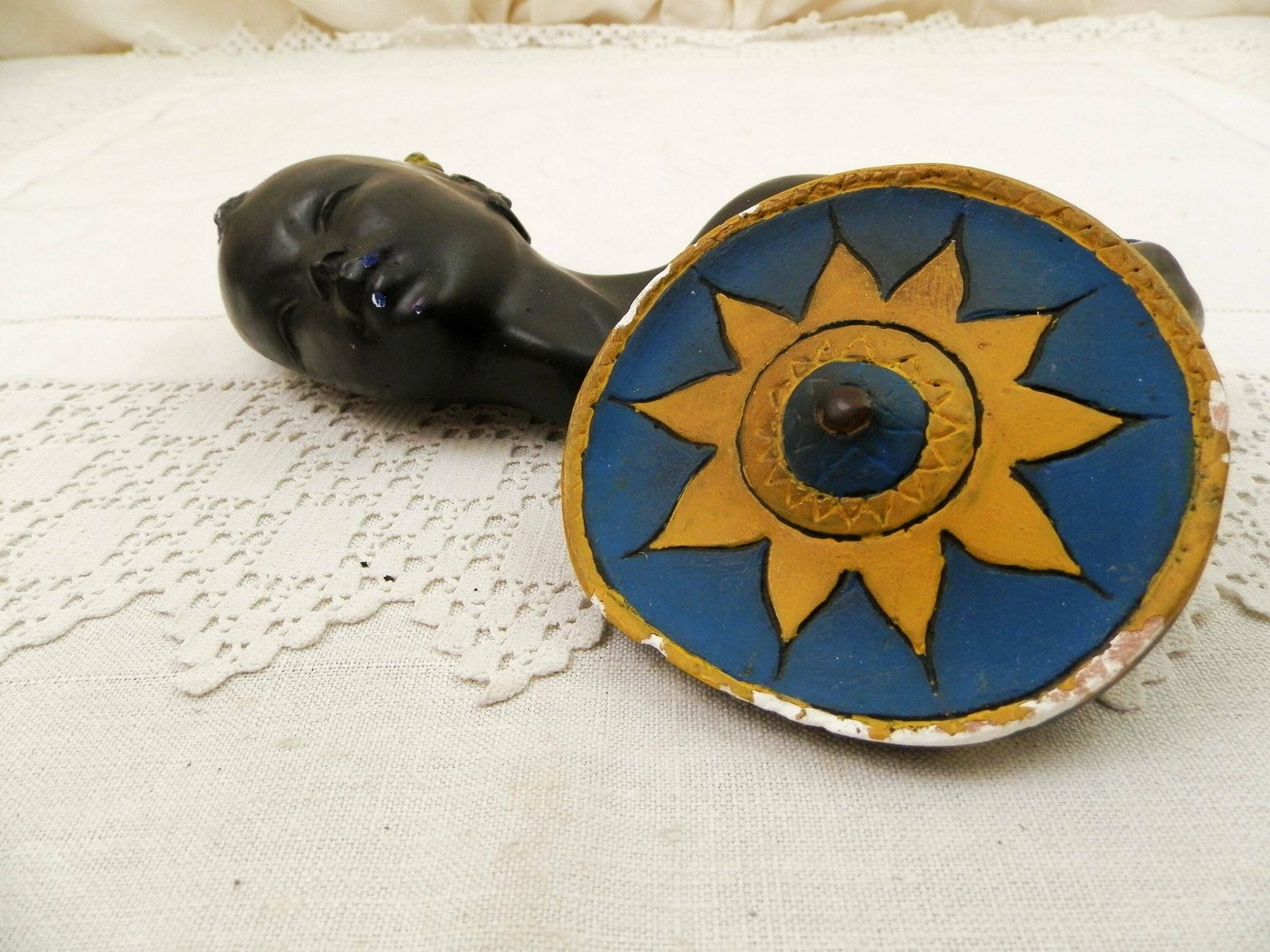 Vintage Mid Century 1950s Hanging Plaster Profile Of A Black African Warrior Woman With A Shield, Retro 50s Wall Mounted Bust Of A Lady photo furniture