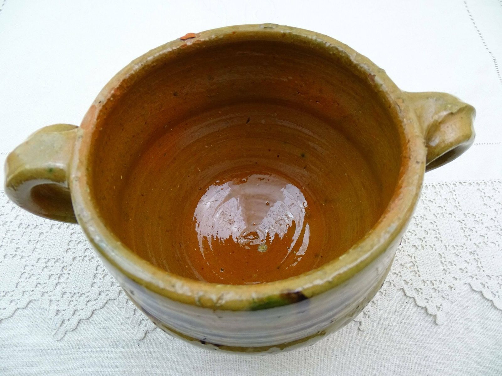 Vintage French Terracotta Pottery Confit Pot Rustic Bowl With 2 Side Handles In Ochre Glaze, Rural Traditional Style Farmhouse Decor France photo Home Decor