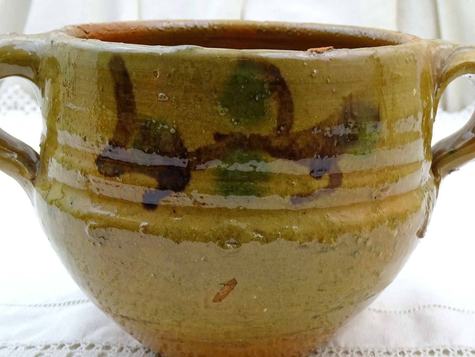 Vintage French Terracotta Pottery Confit Pot Rustic Bowl With 2 Side Handles In Ochre Glaze, Rural Traditional Style Farmhouse Decor France photo 149.0