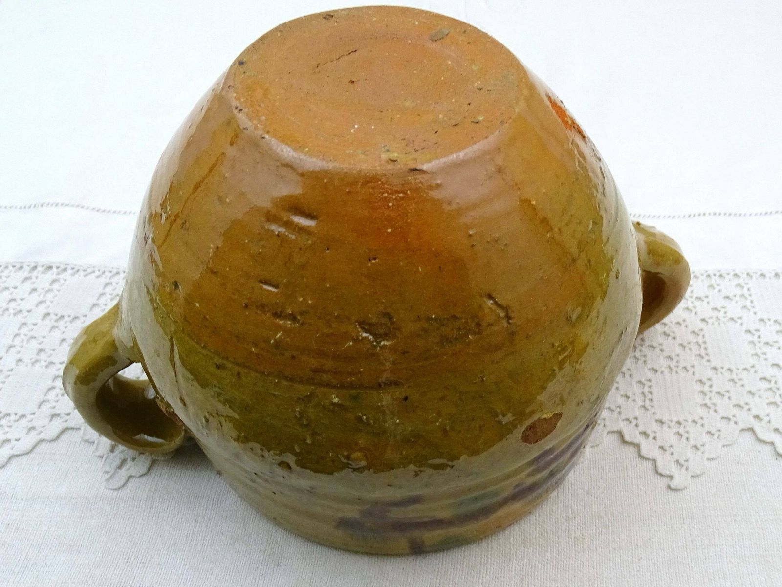 Vintage French Terracotta Pottery Confit Pot Rustic Bowl With 2 Side Handles In Ochre Glaze, Rural Traditional Style Farmhouse Decor France photo vintage