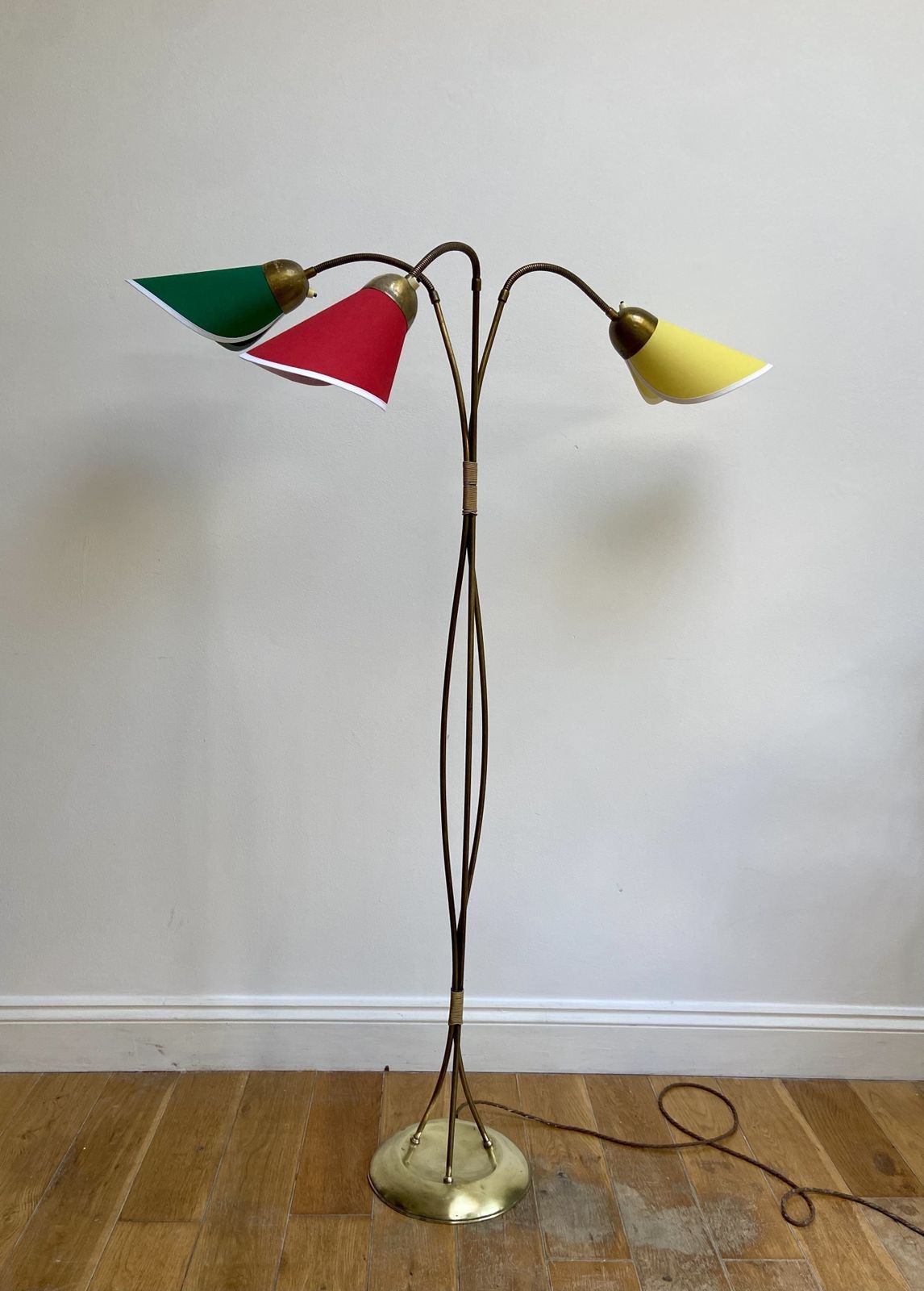 German Mid Century Three Flex Arm Brass Floor Lamp 1950s Tüten Stehlampe