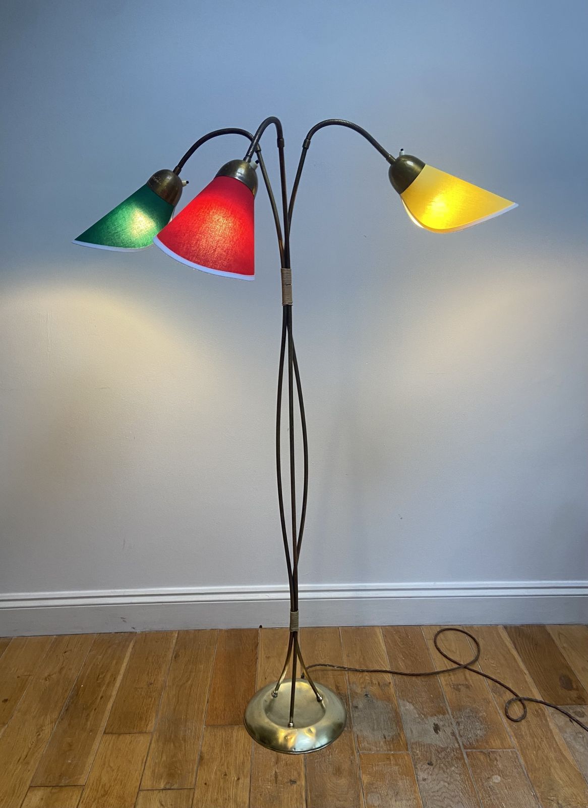 German Mid Century Three Flex Arm Brass Floor Lamp 1950s Tüten Stehlampe photo Lighting