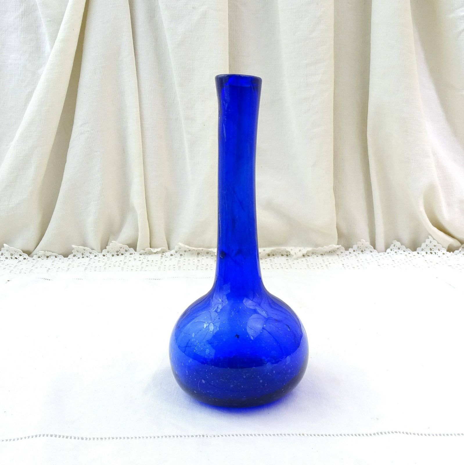 Vintage French Bottle Blue Blown Glass Tall Necked Vase With Random Air Bubbles, Retro Artisan Posy Vase From France, Old Flower Arranging