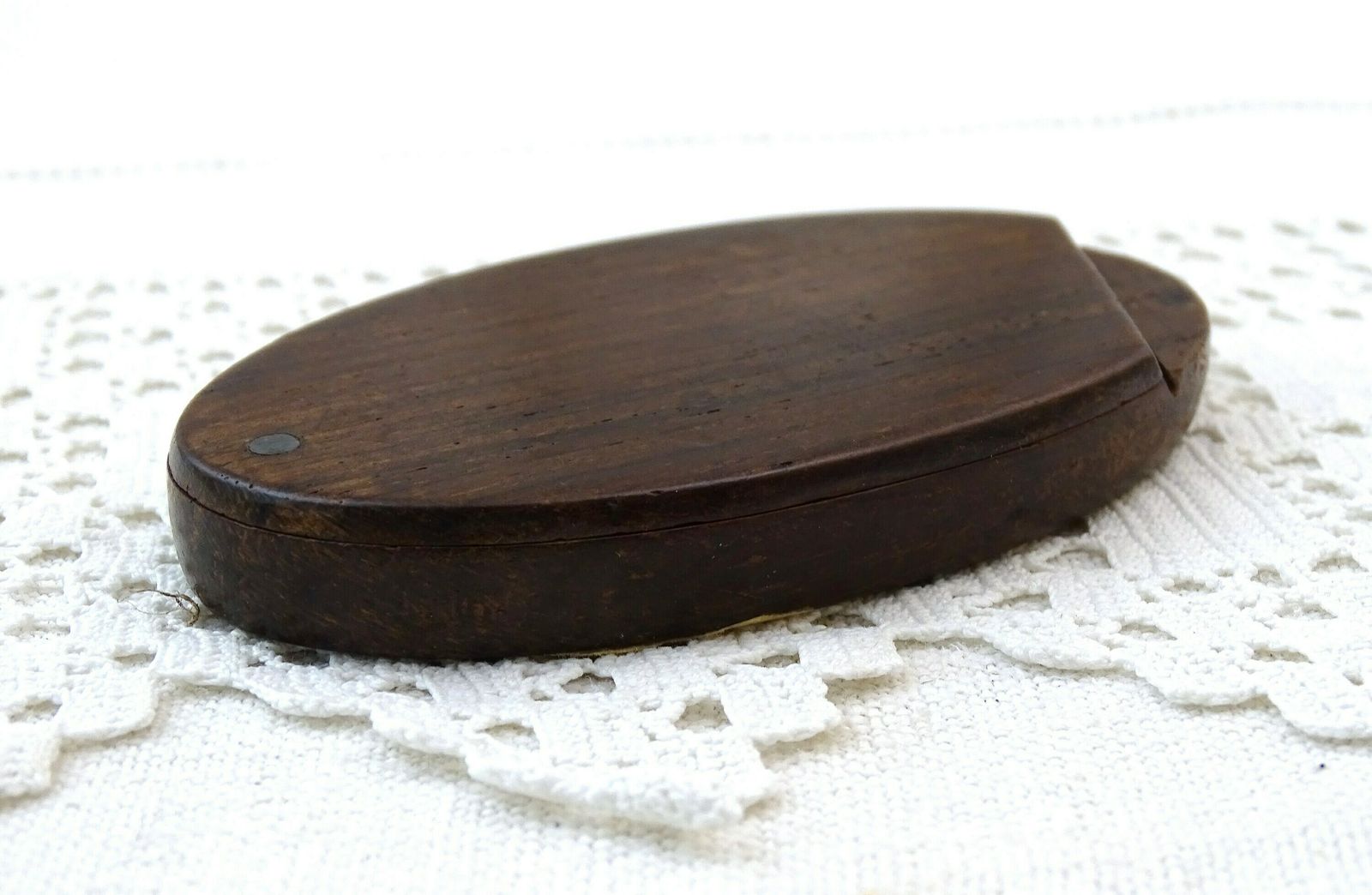 Small Antique French Pocket Distressed Mirror With Wooden Case And Paper Label Stating It Comes From Versailles, 19th C Looking Glass France photo vinterior