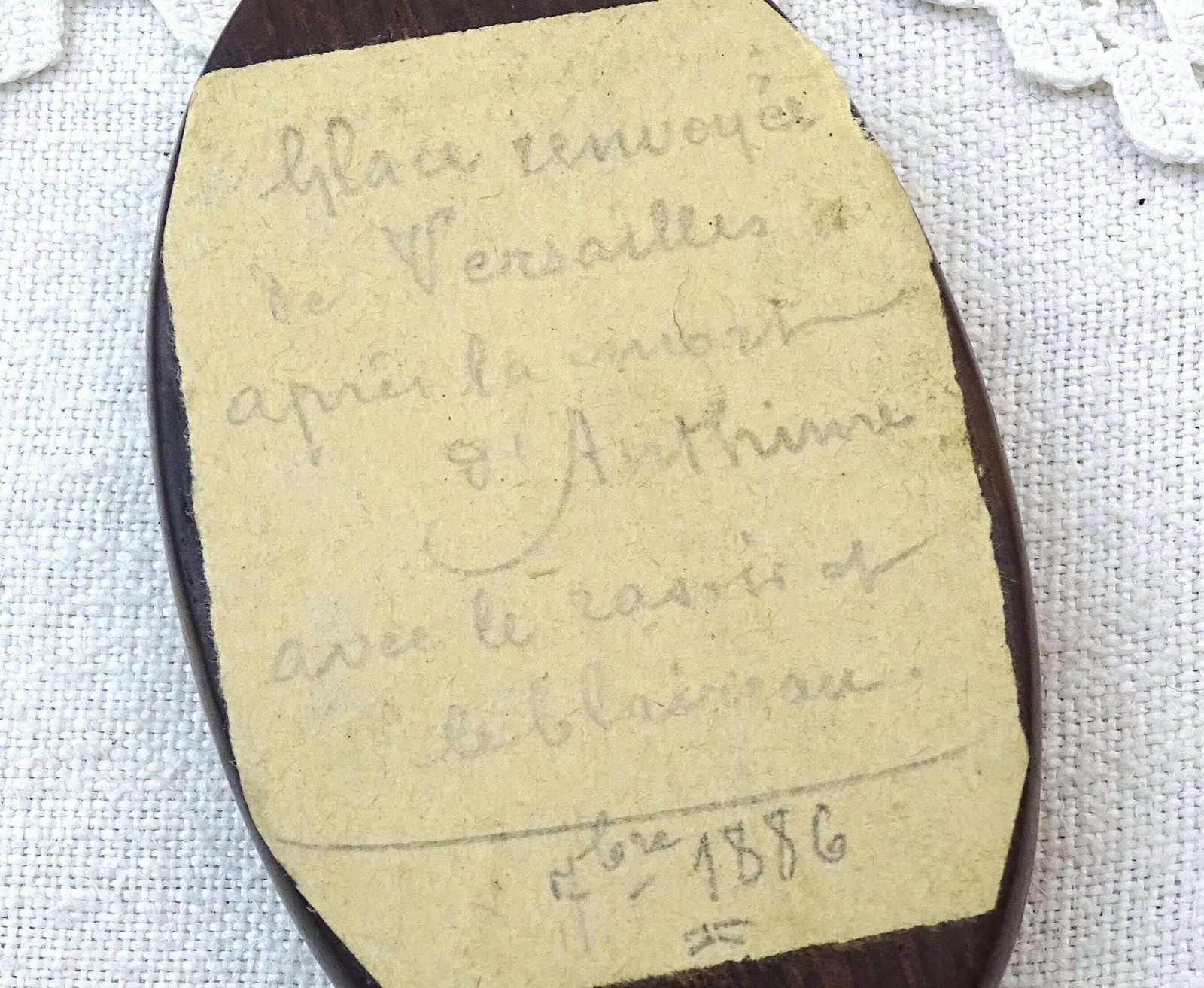 Small Antique French Pocket Distressed Mirror With Wooden Case And Paper Label Stating It Comes From Versailles, 19th C Looking Glass France photo vintage