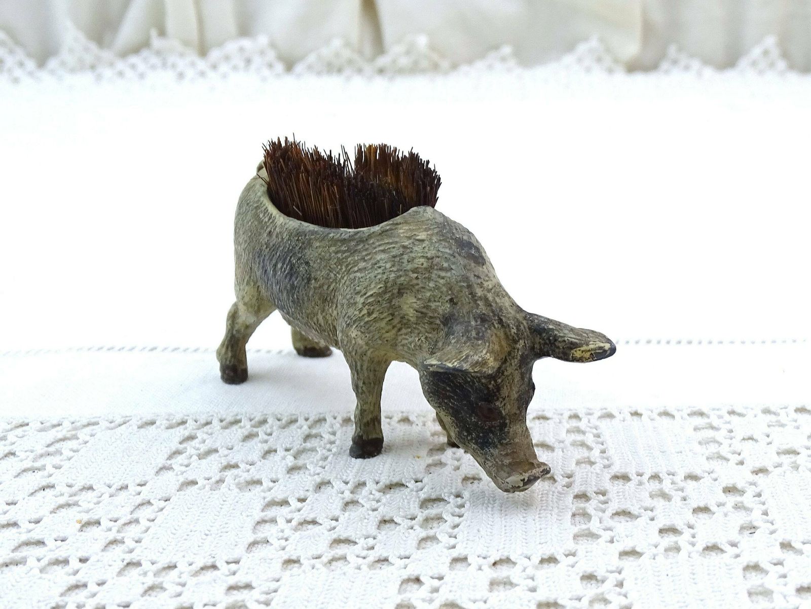 Antique French Cold Painted Metal Pig Fountain Pen Wipe With Bristle Brush, Retro Writing Accessory From France, Collectible Boar photo vintage