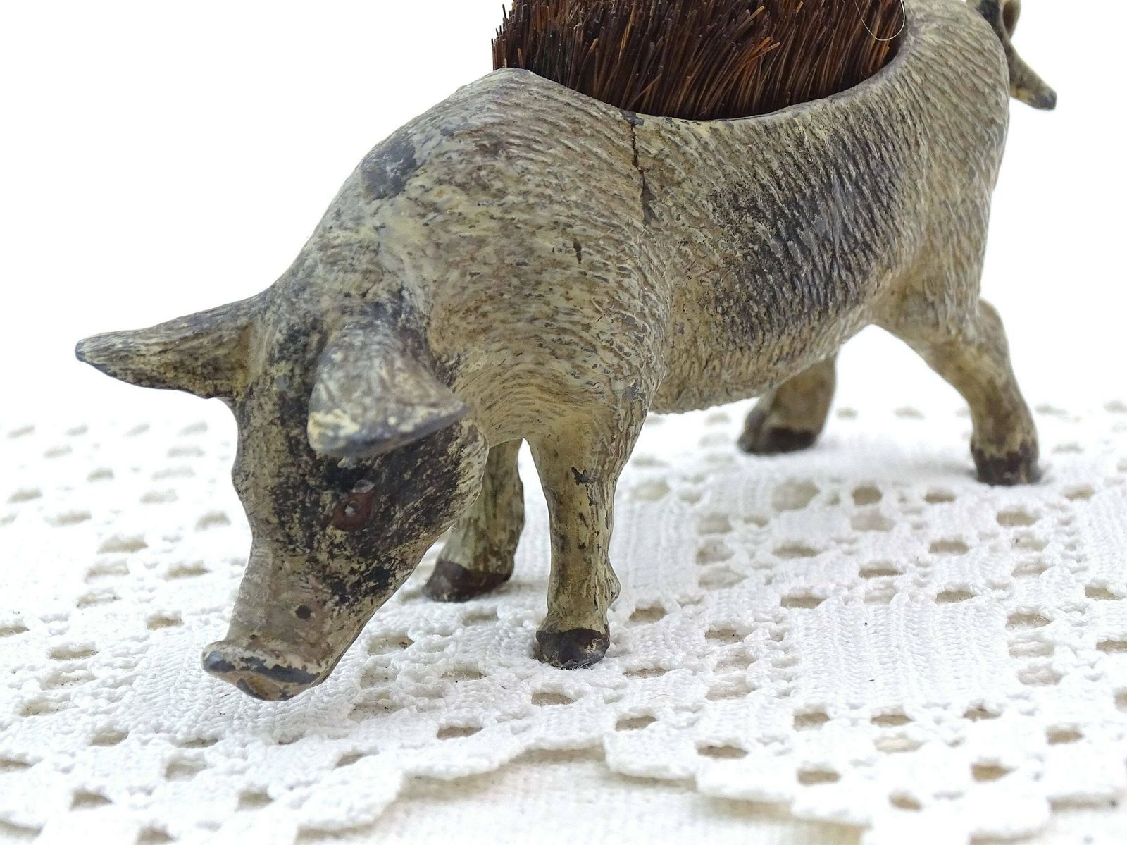 photo furniture Antique French Cold Painted Metal Pig Fountain Pen Wipe With Bristle Brush, Retro Writing Accessory From France, Collectible Boar
