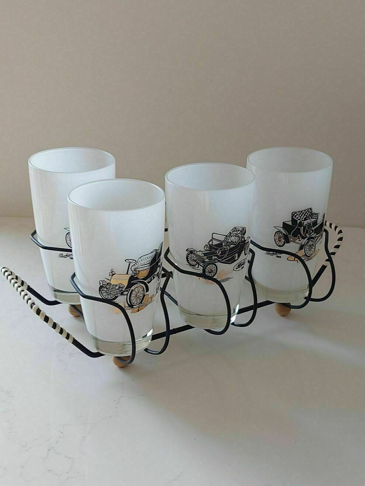 Vintage Black Metal Tray Stand & 4 Glasses Old Timer Cars Ford Packard Cadillac photo Home Decor