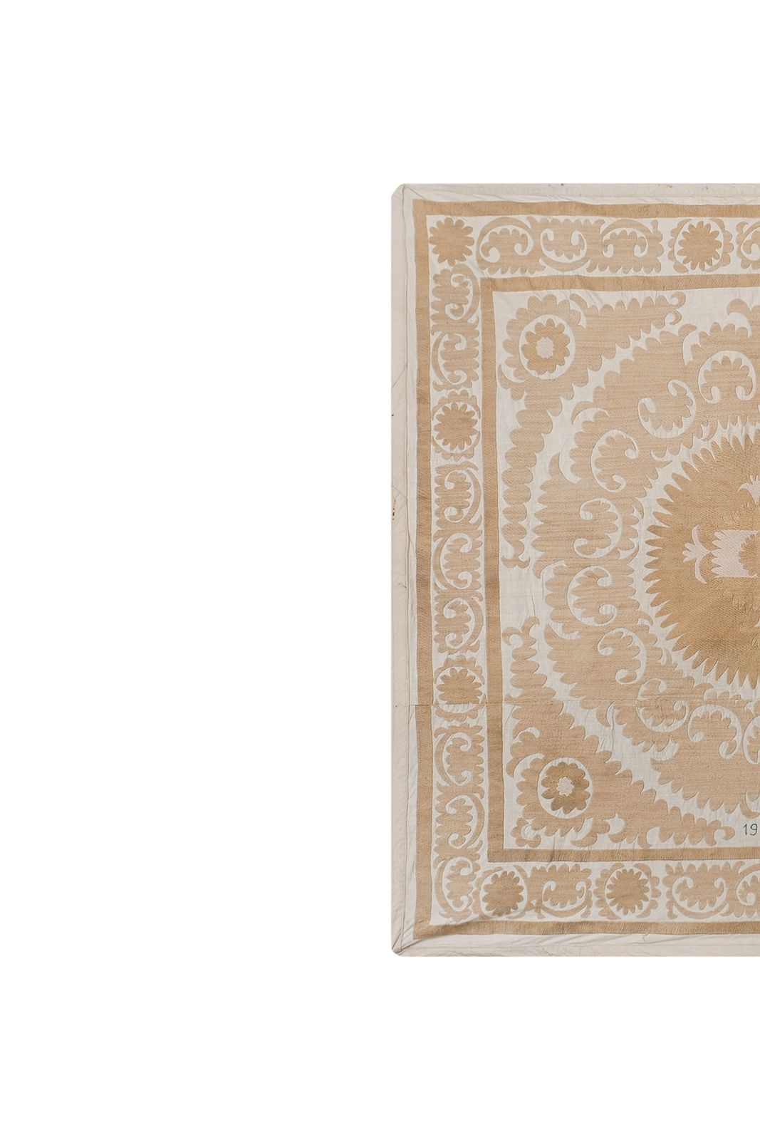 Suzani Pastel Table Cover, Dated Tribal Embroidery Wall Decor, Beige Neutral Color Suzani Bedspread, Ethnic Fabric 4'7'' X 4'8'' photo vintage