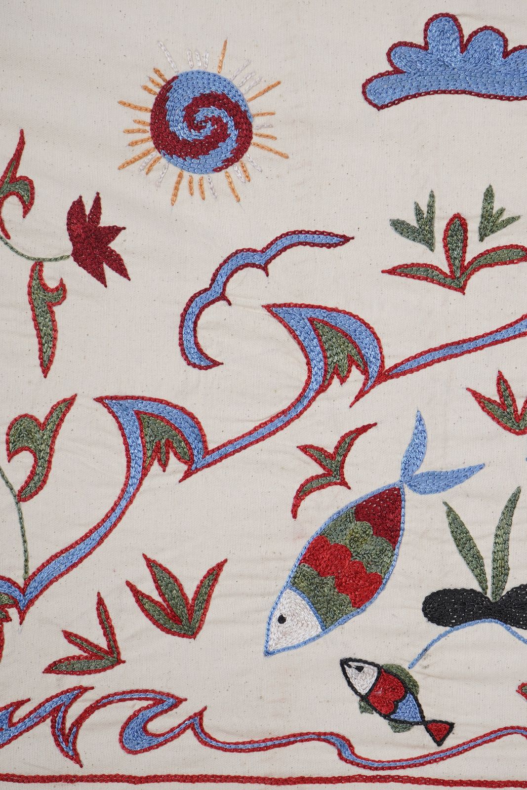 Uzbek Suzani Cotton Table Runner   Fish Embroidered Design Perfect For Unique Home Decor 1'6'' X 4'6'' photo for sale
