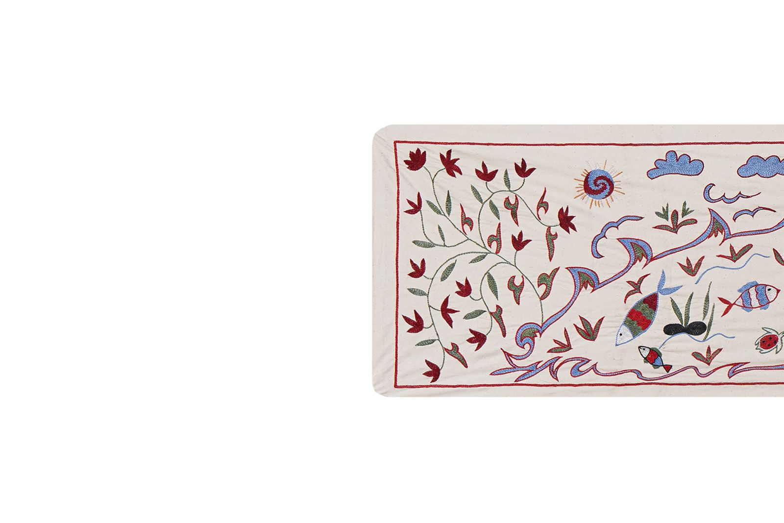 Uzbek Suzani Cotton Table Runner   Fish Embroidered Design Perfect For Unique Home Decor 1'6'' X 4'6'' photo 150.0