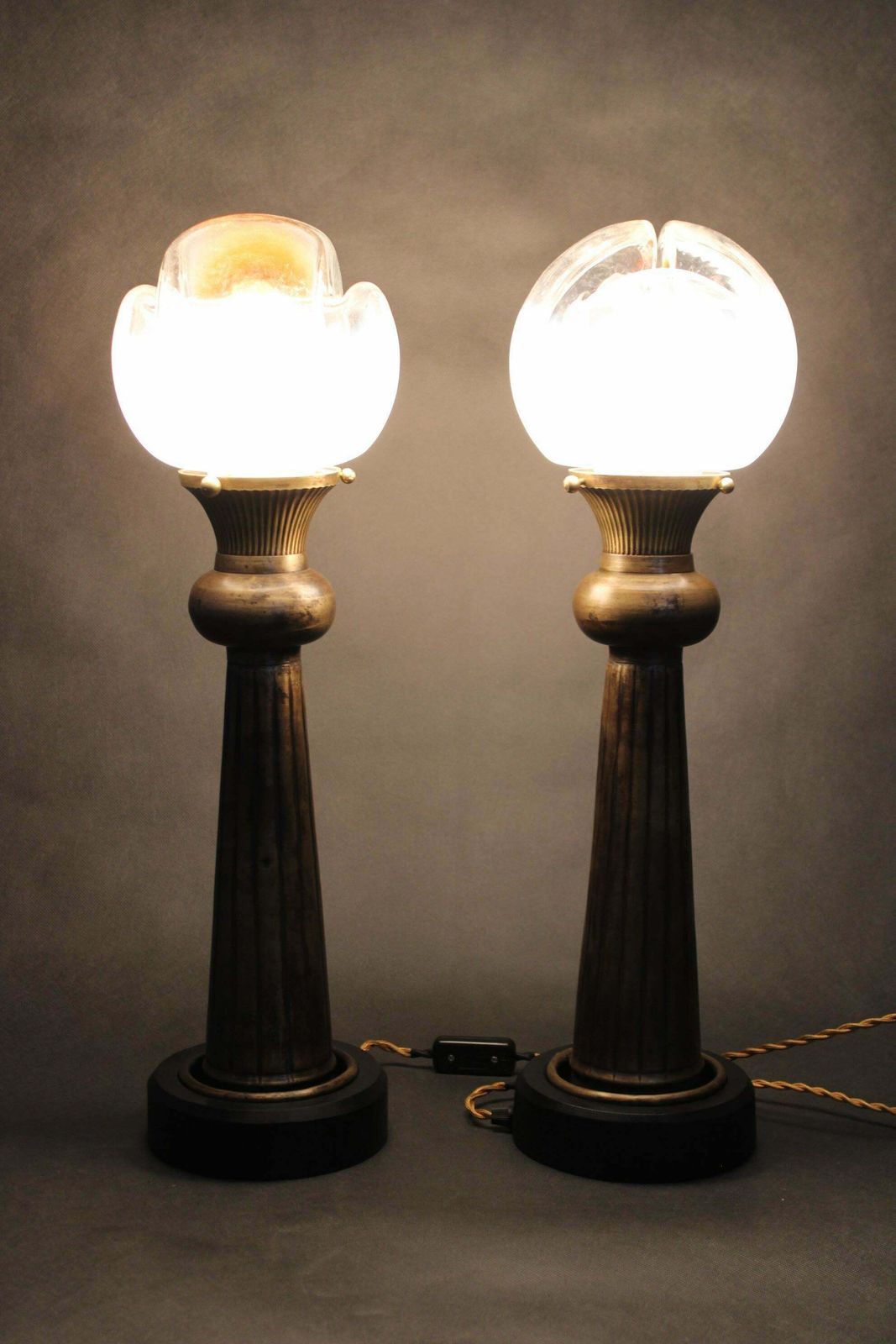 photo for sale 1940s Pair Of Italian Restored Brass Table Lamps With Glass Shades
