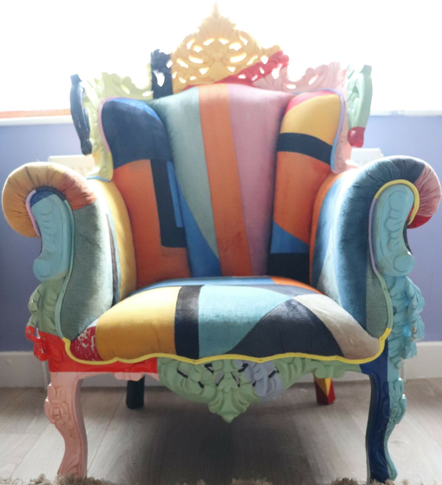 Big Brother 2009 Style Wing Arm Chair Colourful Velour Patchwork Wooden Frame photo furniture