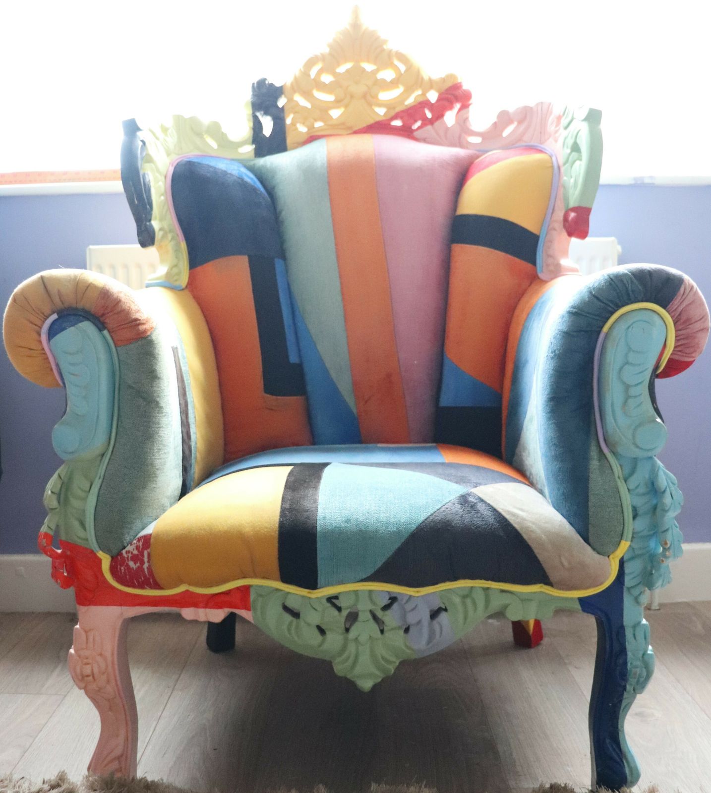 Big Brother 2009 Style Wing Arm Chair Colourful Velour Patchwork Wooden Frame photo for sale