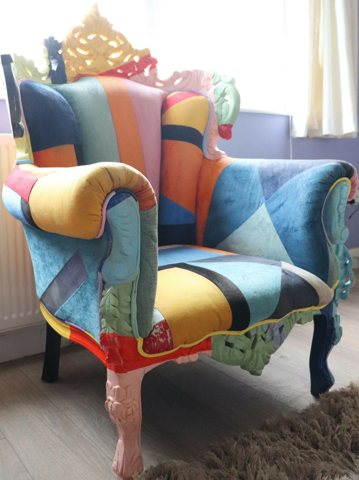 photo furniture Big Brother 2009 Style Wing Arm Chair Colourful Velour Patchwork Wooden Frame
