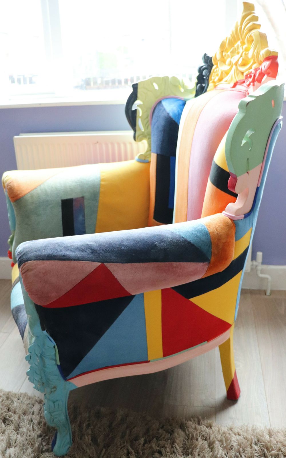 photo buy Big Brother 2009 Style Wing Arm Chair Colourful Velour Patchwork Wooden Frame