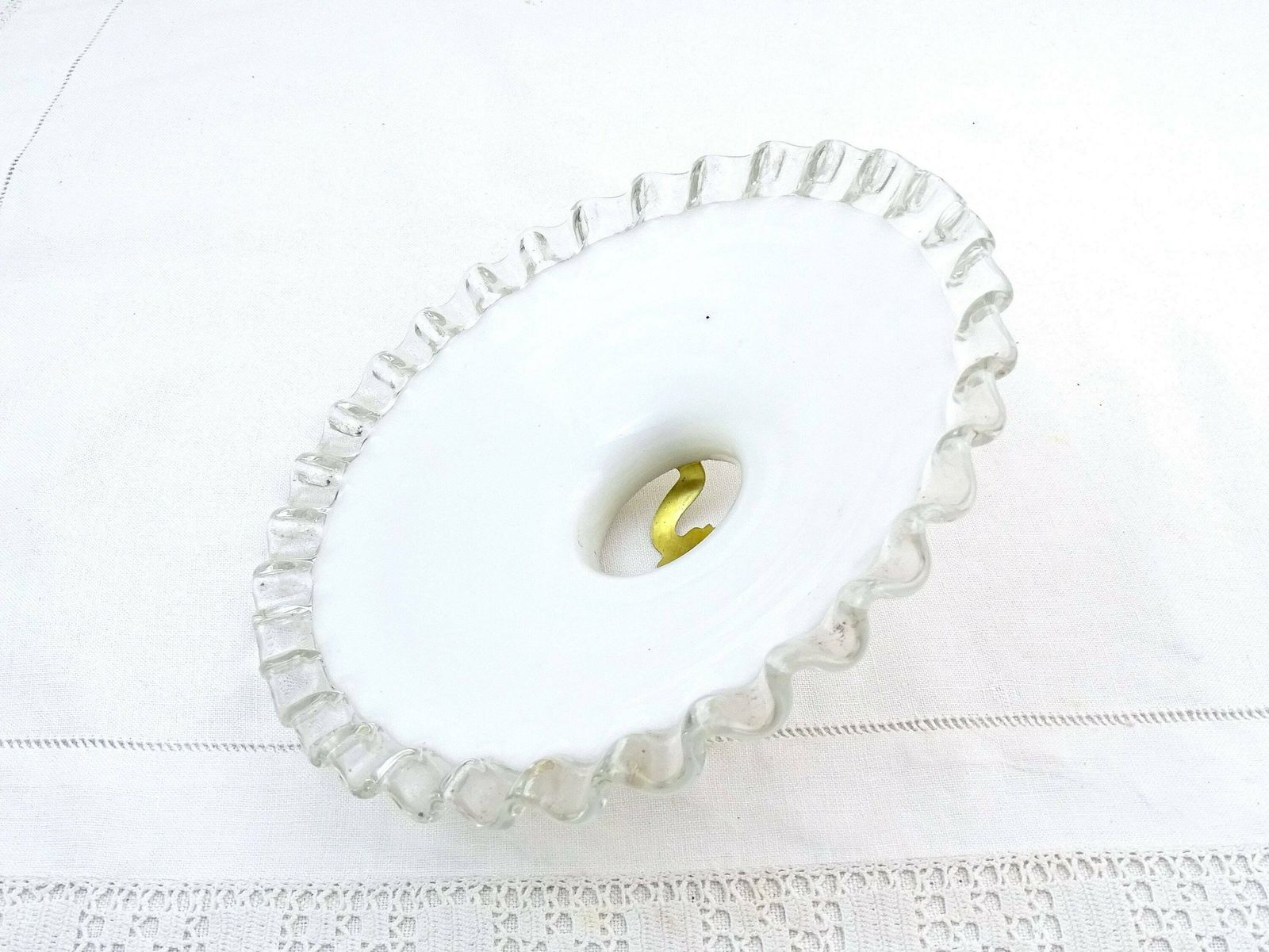 Antique French White Glass Pendant Light Shade With Clear Frilled Edge, Vintage Country Lighting Accessory From France, Farmhouse Decor photo Lighting