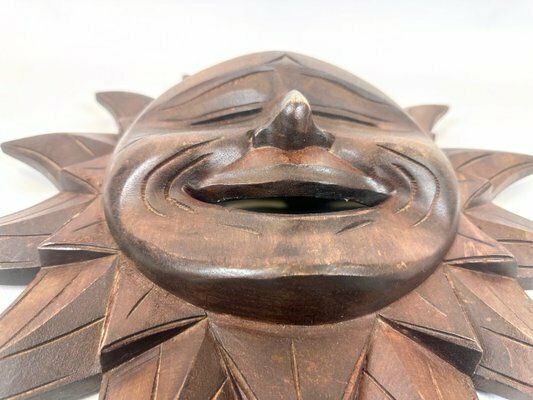 Wooden Carved Sun Face Sunburst Wall Sculpture, 20th Century photo vinterior