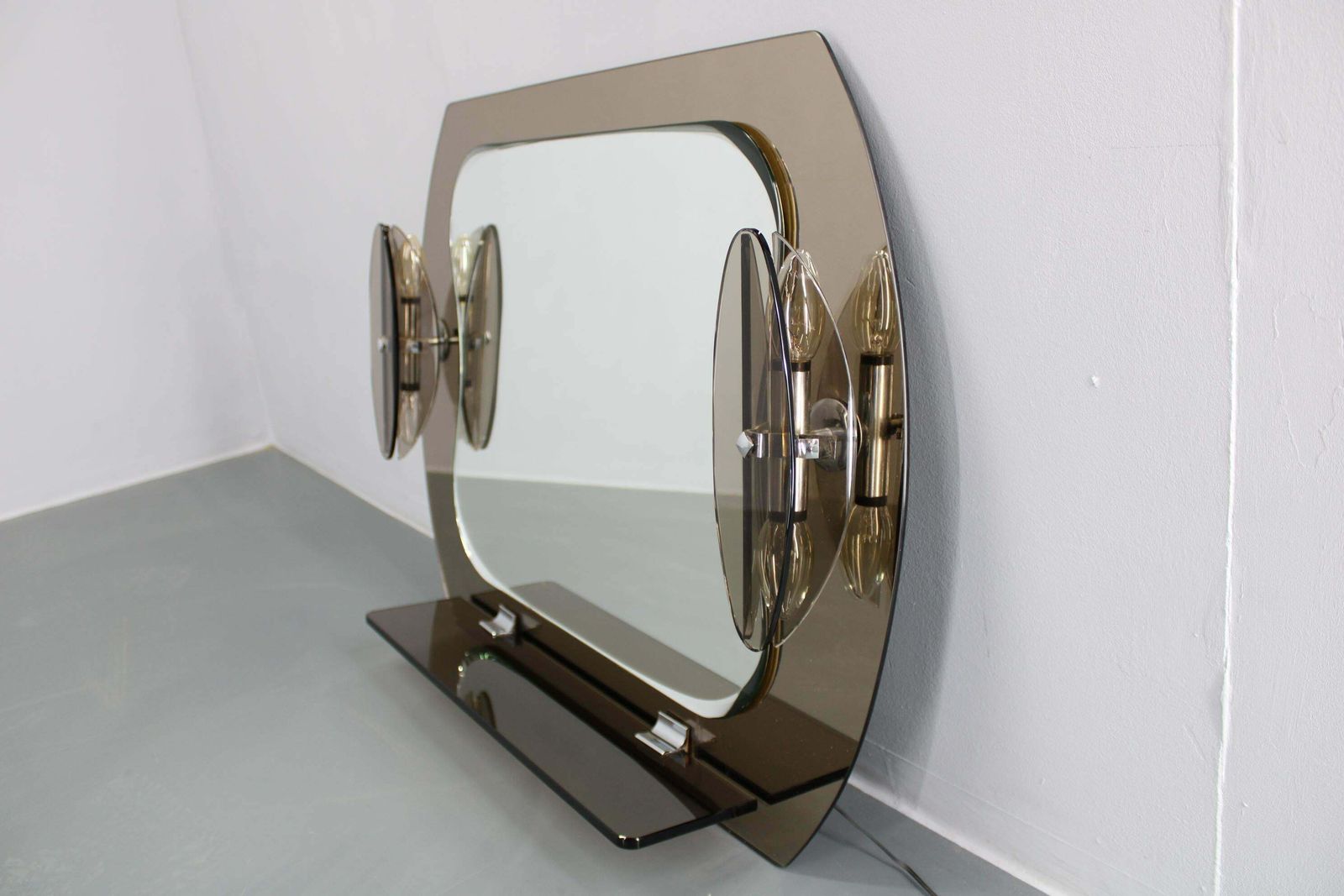 1980s Fontana Arte, Large Glass Wall Mirror With Lights And Shelf, Italy photo furniture