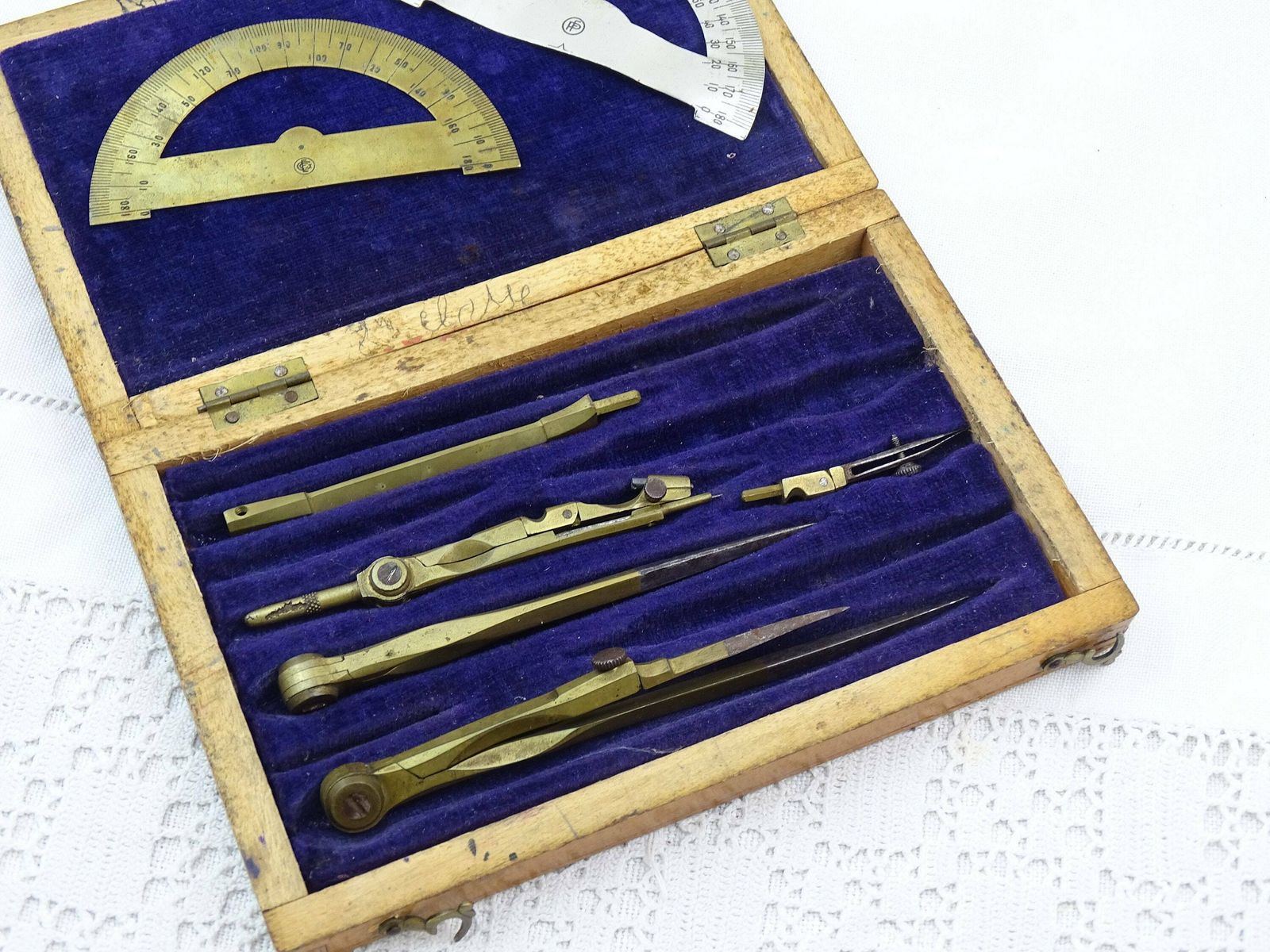 Small Antique French Draftsman Set With Brass Tools Purple Velvet Lined Wooden Box, Retro Drawing Accessory From France, Compass Set photo for sale