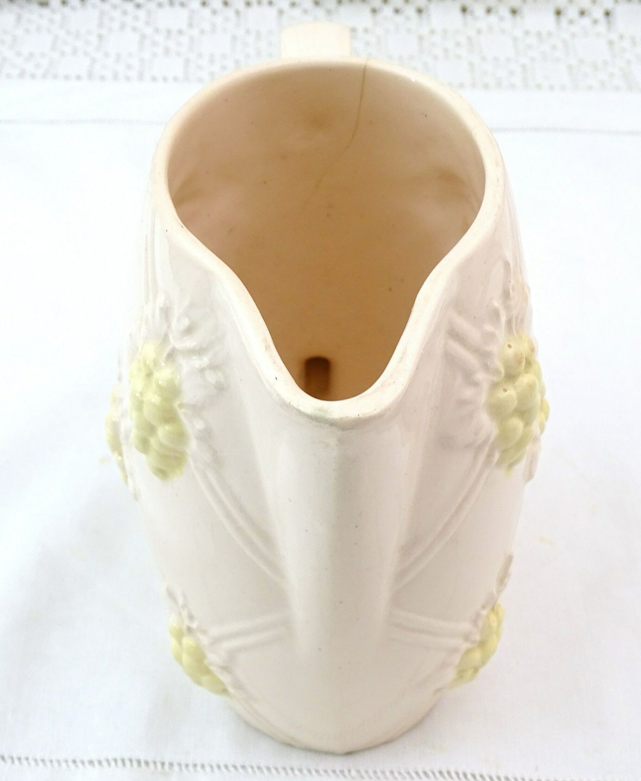 Antique French Digoin Majolica Ceramic Pitcher In Pale Pink And Yellow With Grape Pattern, Vintage Decorative Pottery Jug From France photo vintage