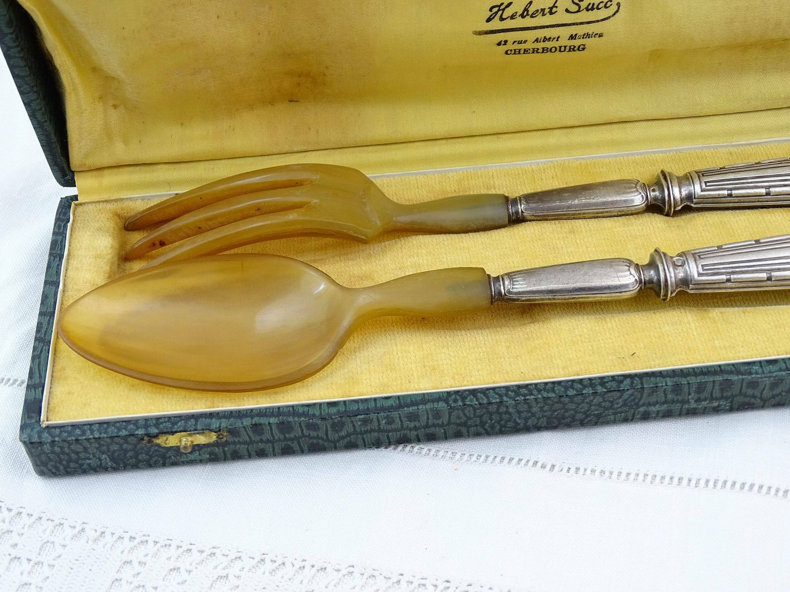 French Antique Boxed Sterling Silver And Horn Salad Serving Spoon And Fork Set By Luber & Cie Hallmarked, Victorian Flatware From France photo for sale