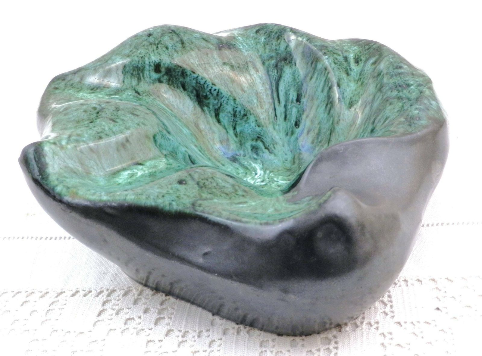 Large Vintage Mid Century Modern Black And Mottled Green Ceramic Vallauris Style Vide Poche, 1960s Collectible Pottery Ashtray From France photo Home Decor