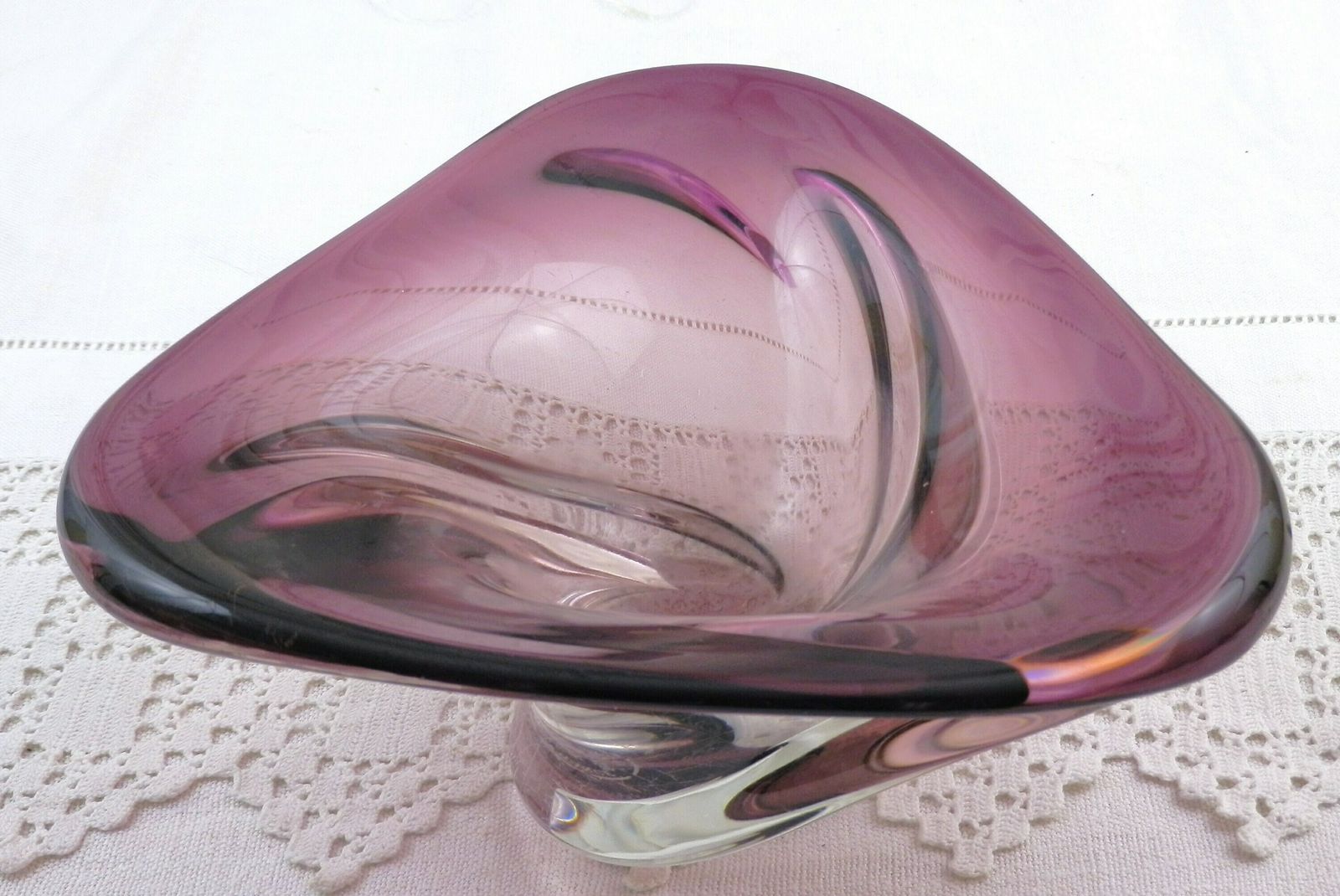 French Vintage Mid Century Purple Crystal Art Glass Table Triangular Center Piece Made By Art Vannes, Retro 1960s Large Cigar Ashtray photo buy