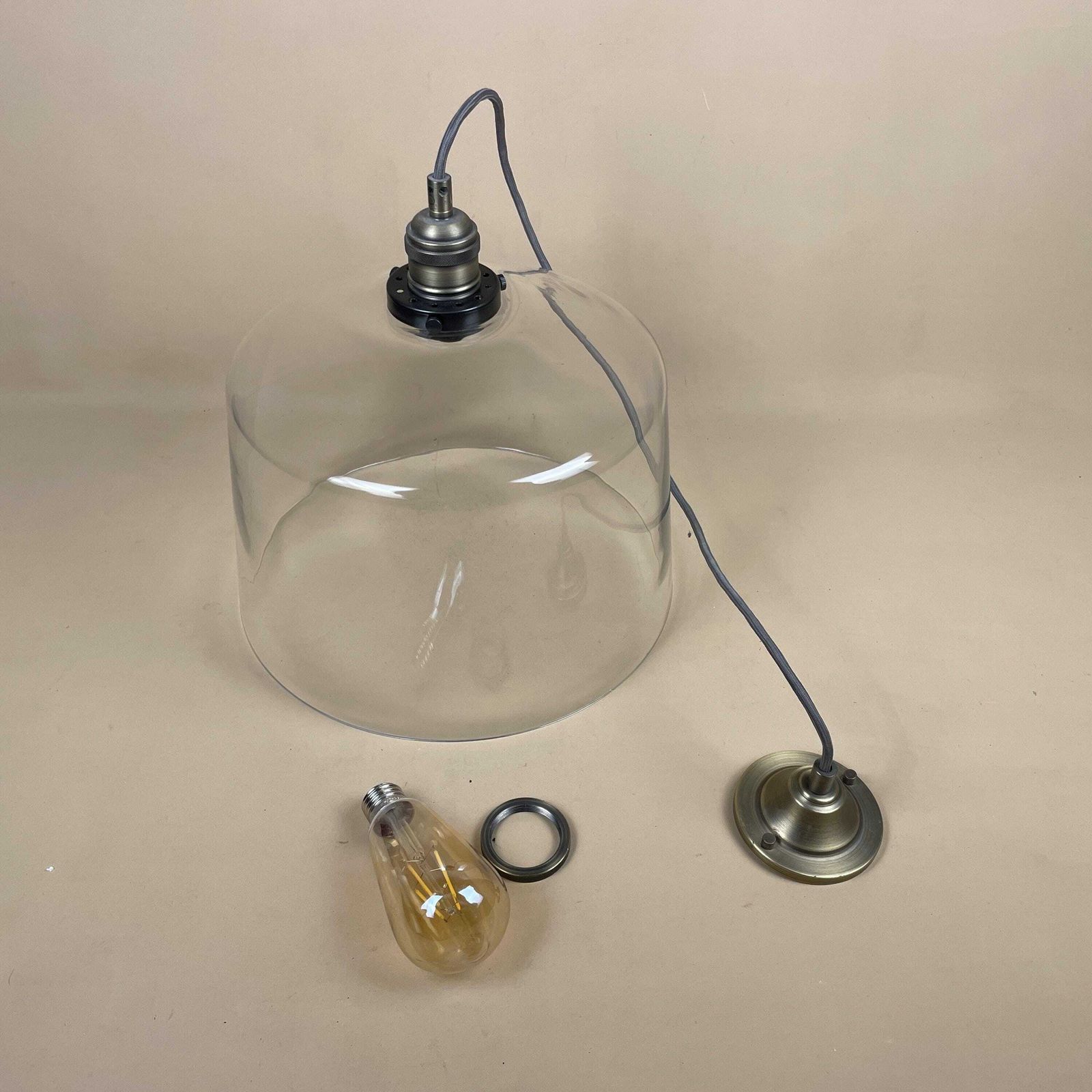 Heals Ceiling Light Brass Gold Metal Hanging Pendent Clear Glass Globe Dome Round Wire Suspended Heal's photo vinterior