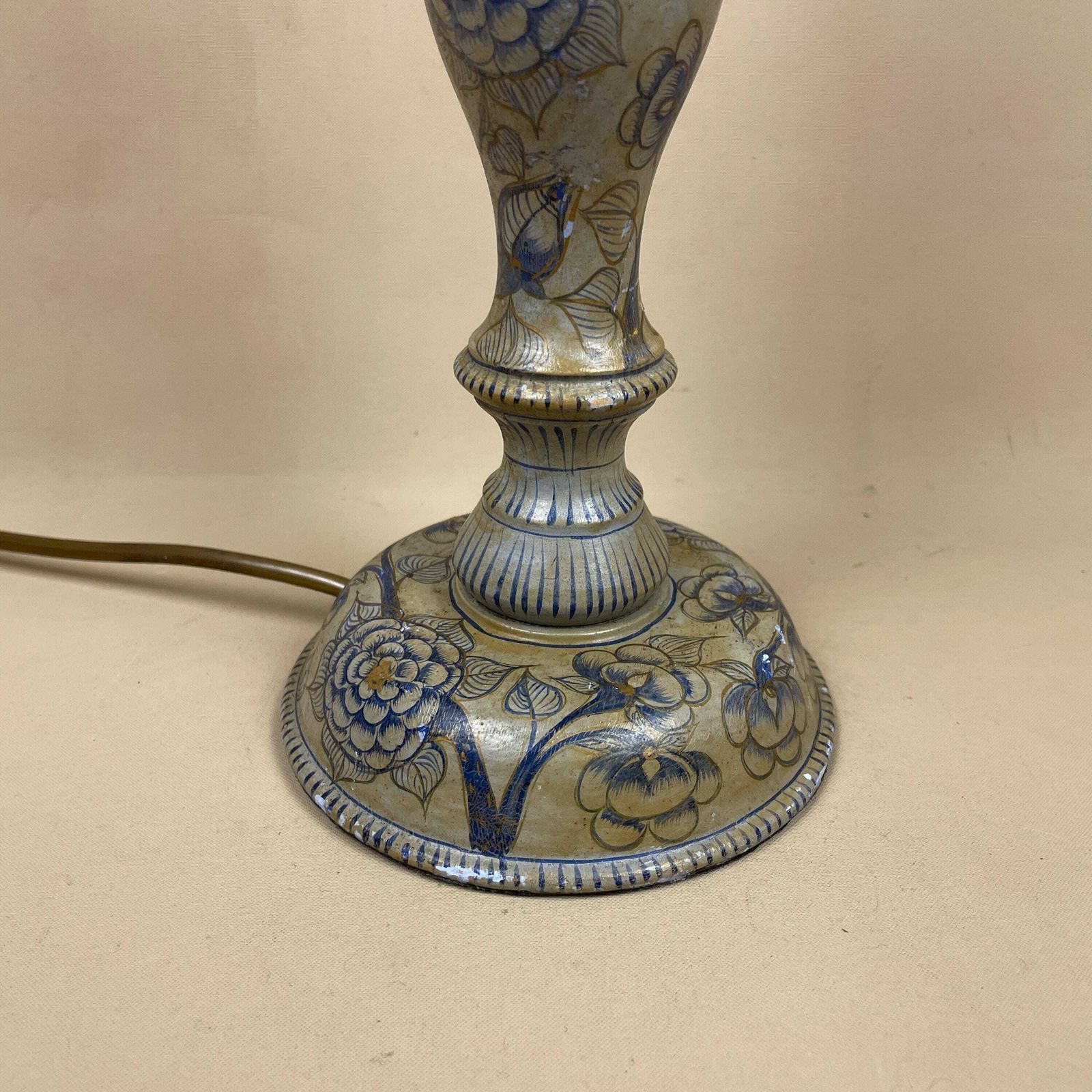 Antique Hand Painted Floral Wooden Lamp Light Bedside Side Table Desk Column Round Base Vintage Farmhouse Cottage Decor Wood Flower Pattern photo for sale