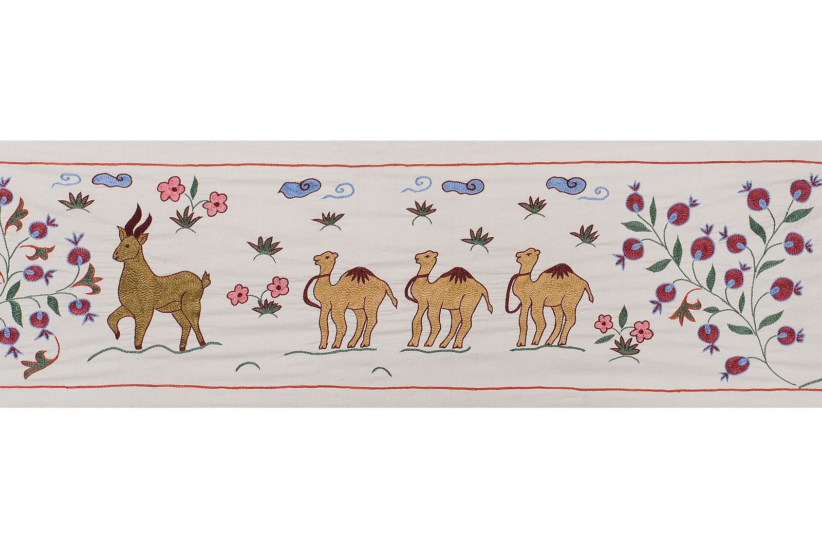 Uzbek Suzani Animal Cotton Tablecloth, 19th Century Bukhara Wall Hanging Decor   Deer And Camel Cotton Runner 1'6'' X 6' photo for sale