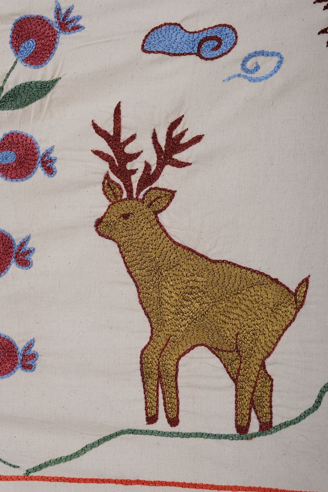Uzbek Suzani Animal Cotton Tablecloth, 19th Century Bukhara Wall Hanging Decor   Deer And Camel Cotton Runner 1'6'' X 6' photo buy