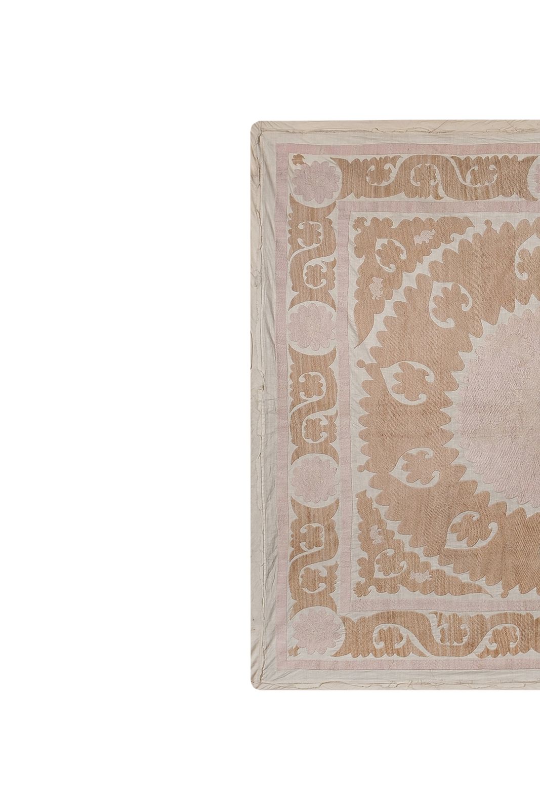 Vintage Bukhara Suzani Throw   Pink And Tan Bohemian Wall Decor   Ethnic Textile 4'10'' X 5'5'' photo for sale
